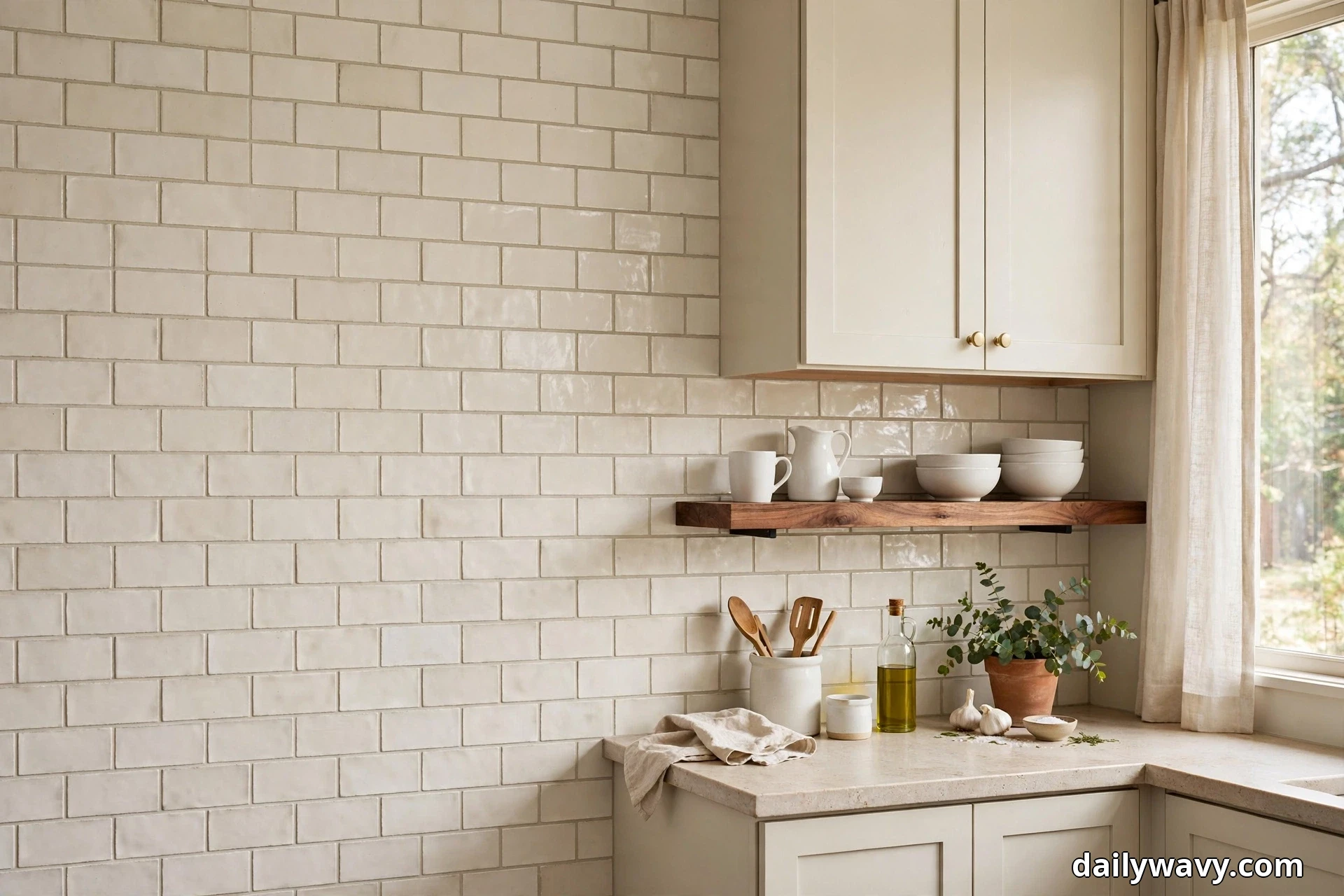 A wide view shows a cream handmade-look subway tile backsplash running beside warm white cabinets, with a walnut open shelf holding white ceramics above a counter with a utensil crock and a potted plant