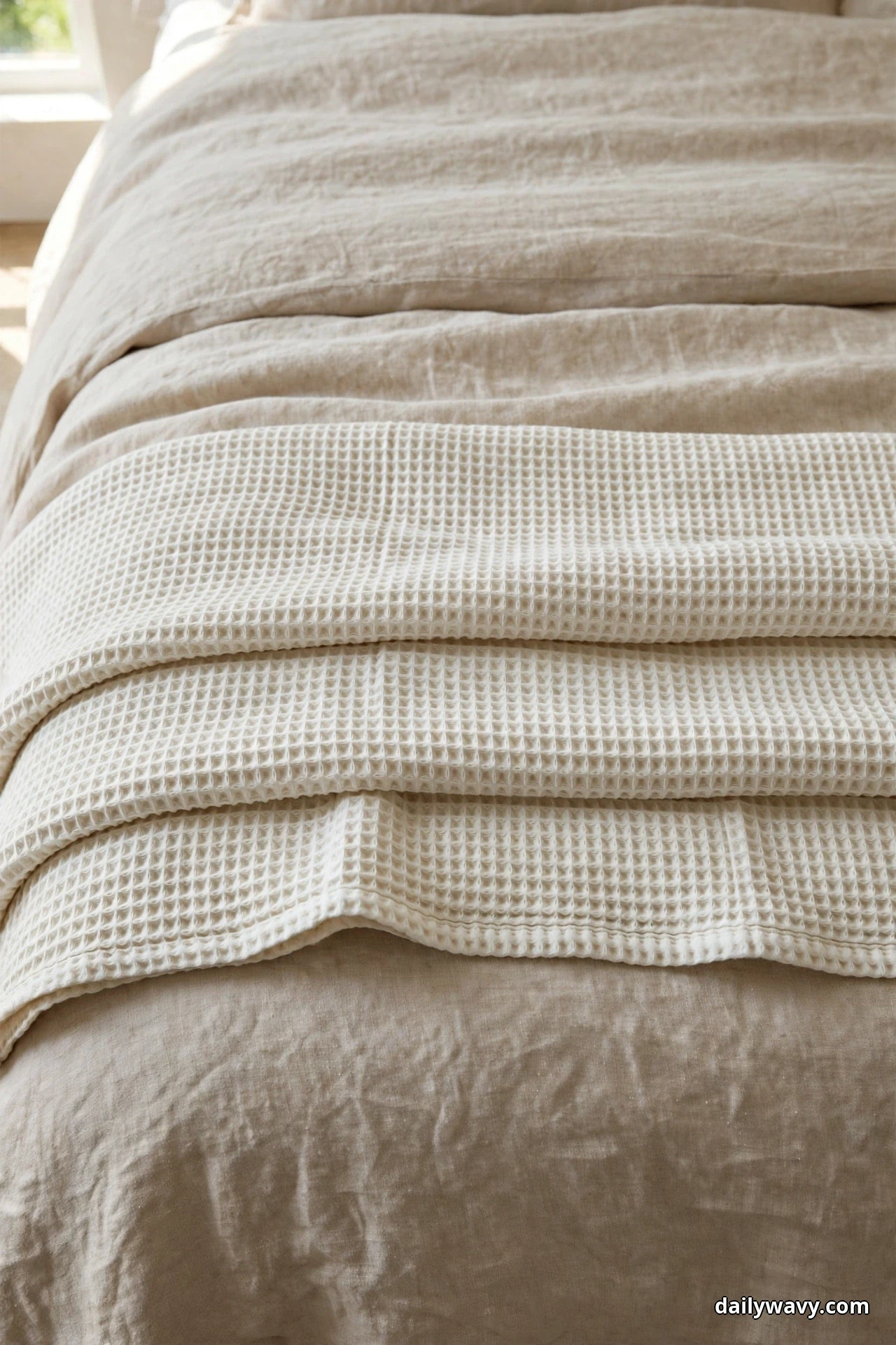 A cream waffle-weave blanket folded in thirds lies across the foot of a bed dressed in natural flax linen bedding