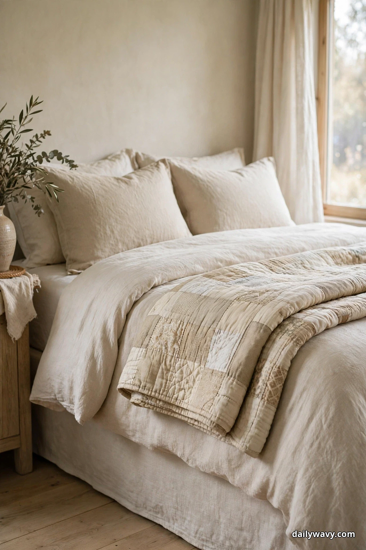 A faded cream patchwork quilt folded across the foot of a neutral linen bed sits below cream pillows in a bright bedroom