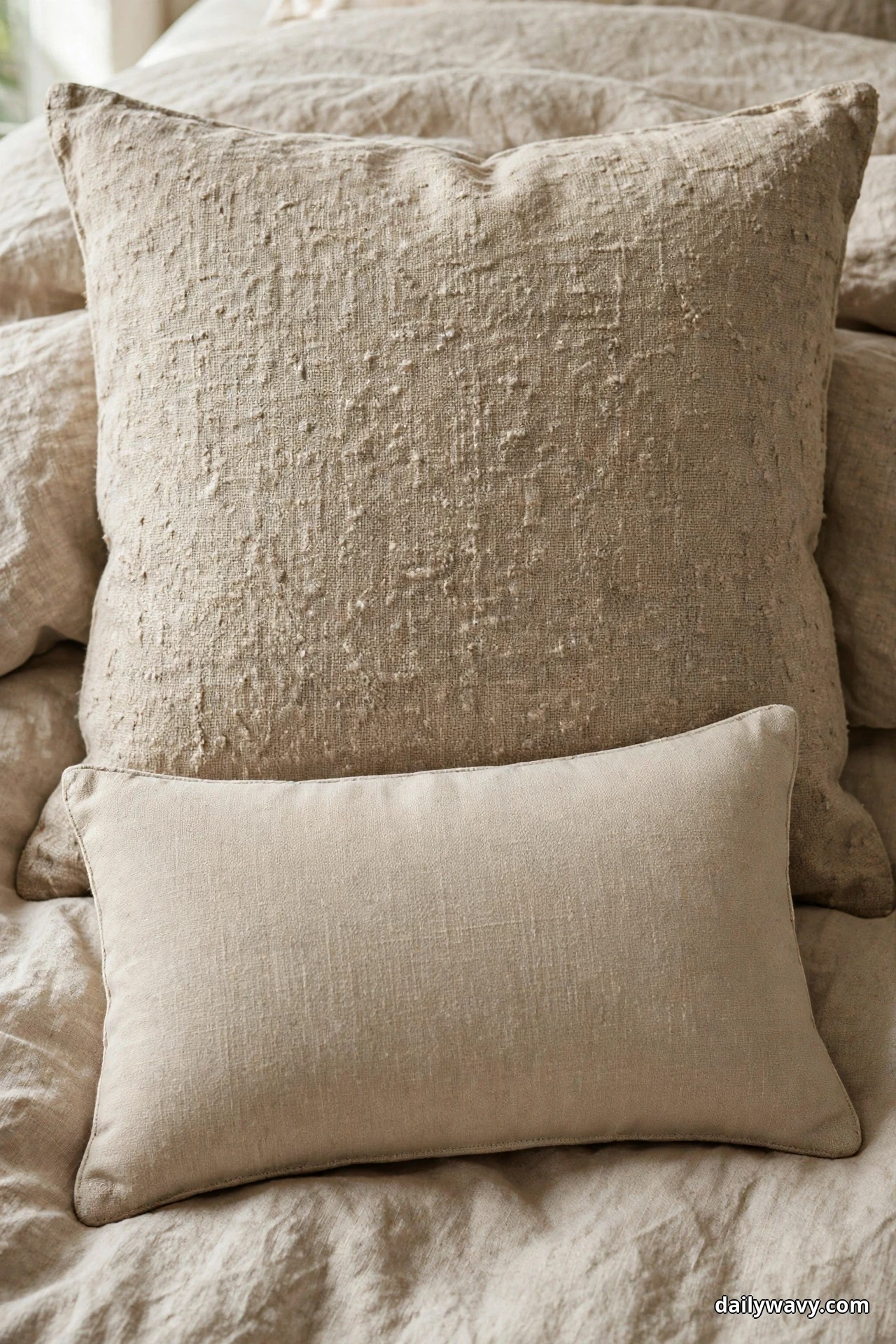 A large slubby oat linen cushion stands behind a smaller smooth lumbar cushion on a neutral linen bed