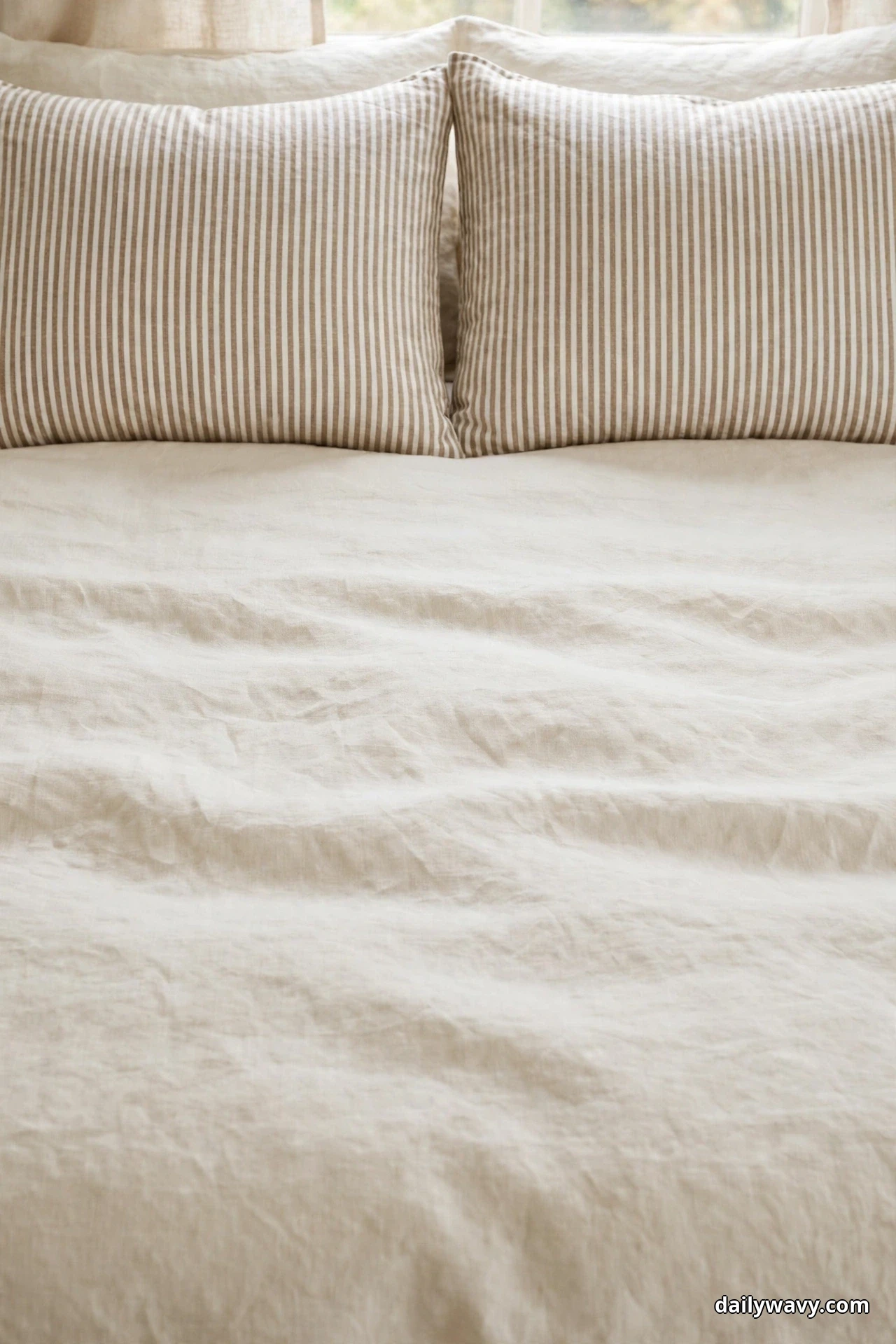 Two natural and white ticking stripe shams rest against a plain ivory linen duvet on a neutral bed