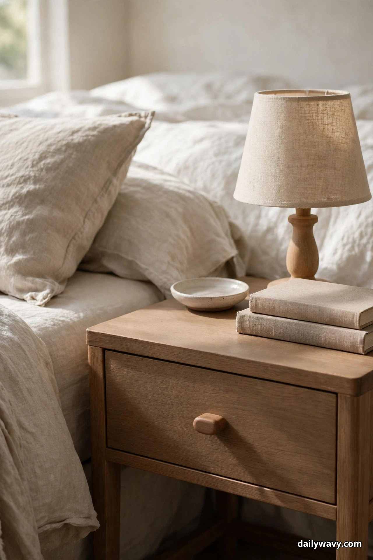 A matte oak nightstand with a linen-shade lamp, a stack of books and a small ceramic dish stands beside a neutral linen bed