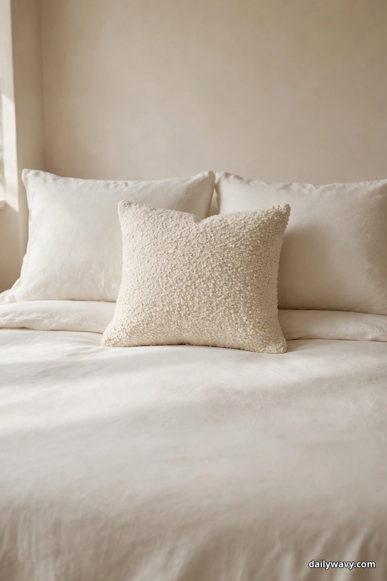 A smooth warm-white bedspread covers a bed with a single nubby cream boucle cushion centered in front of the sleeping pillows