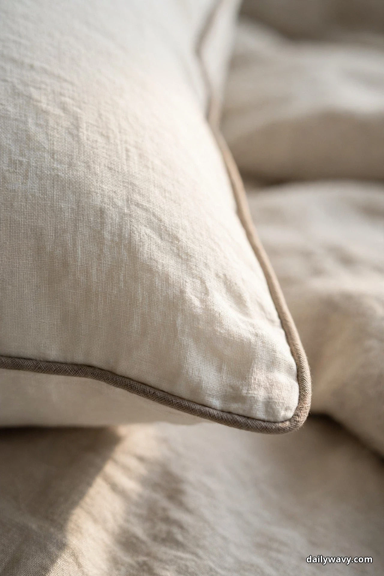 A close view shows the corner of an ivory linen sham edged with thin taupe contrast piping