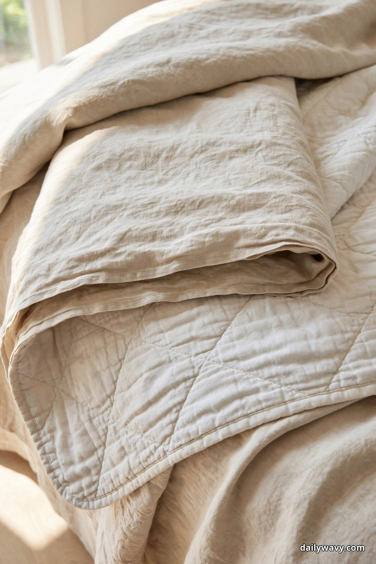 A close view shows washed linen sheets folded back over a light quilted coverlet on a neutral bed