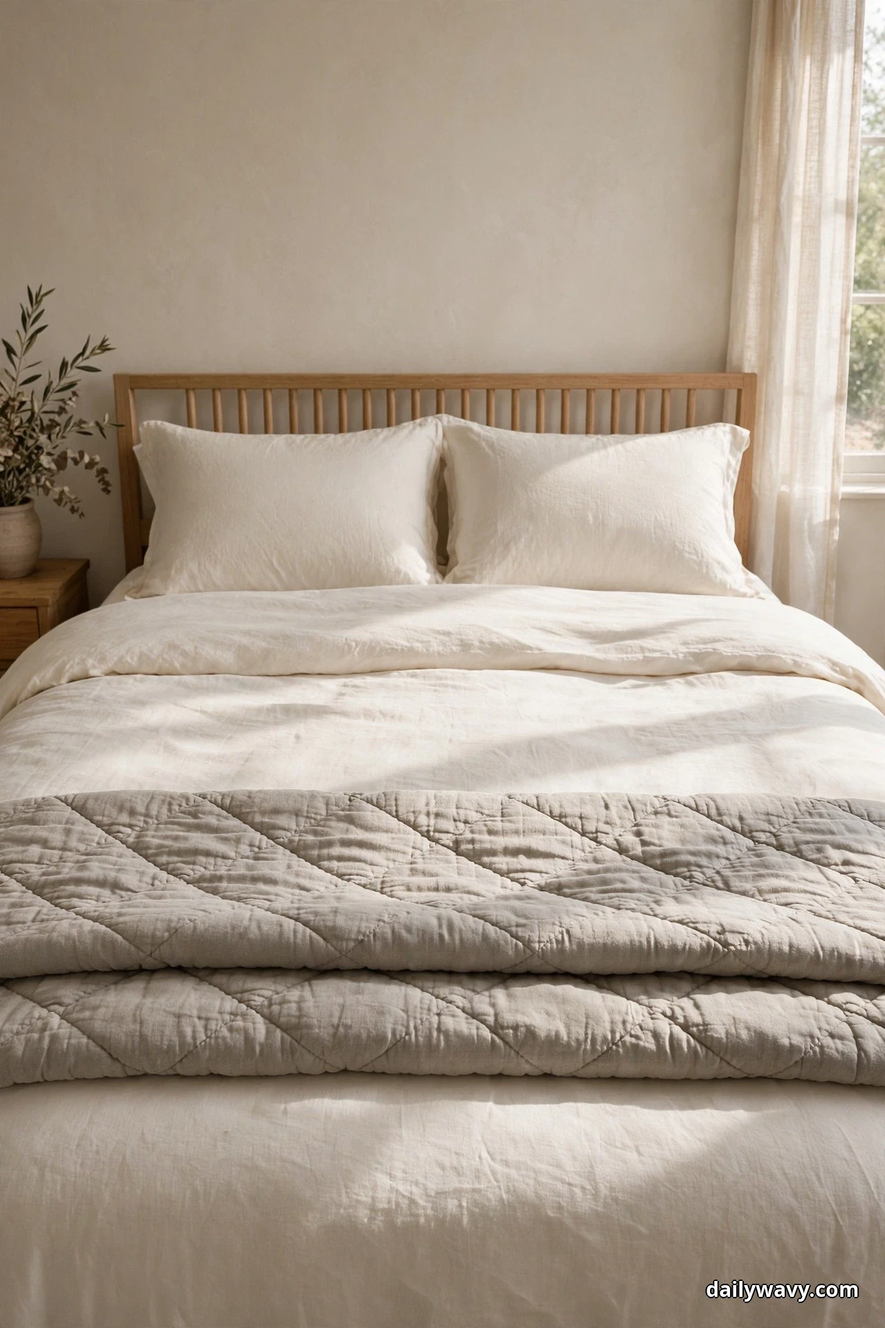 A stone-gray quilt folded across the lower third of an ivory linen bed sits below two white pillows against a wooden slat headboard