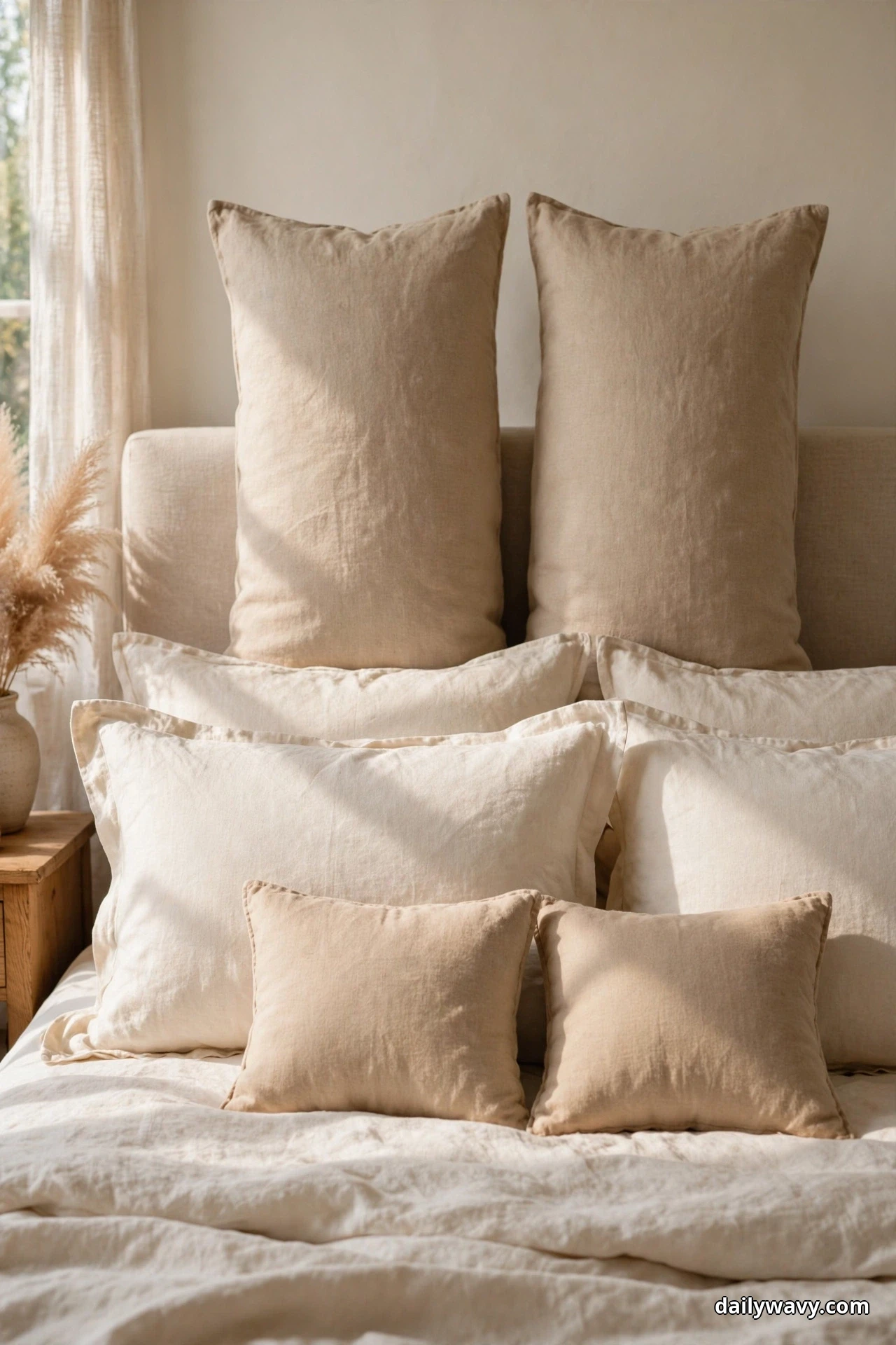 Tall neutral pillows stand upright against the headboard behind standard shams and two smaller cushions arranged in a back-to-front size step-down on a linen bed
