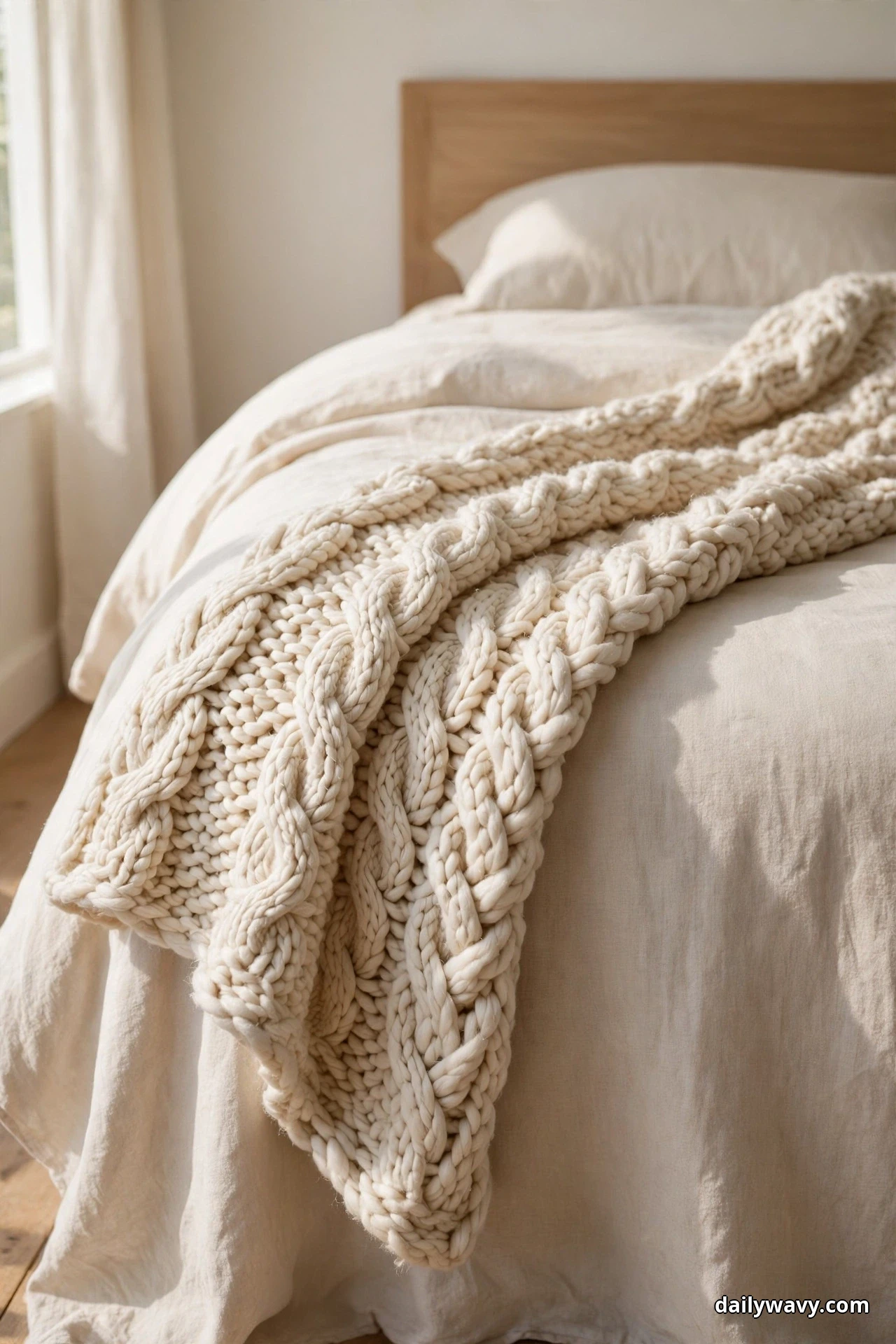 A chunky cream knit throw drapes diagonally across one corner of a smooth neutral linen bed with part of it hanging over the side