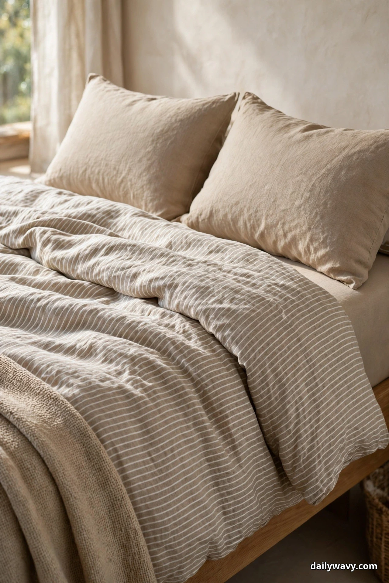 A narrow pinstripe linen duvet cover in natural and white is paired with solid oat shams on a neutral bed