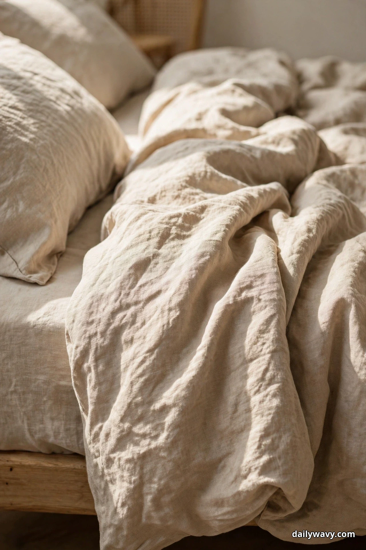 A close view shows a softly rumpled natural flax linen duvet cover with lived-in creases catching the light