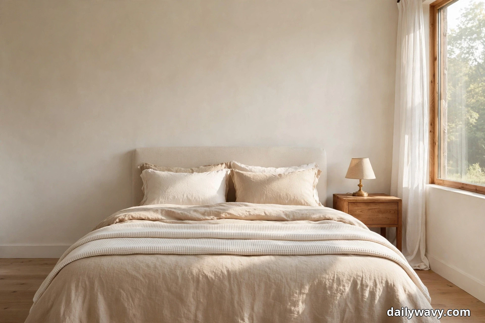 A bed dressed in natural flax linen bedding with a cream waffle blanket folded across the foot stands against a pale wall in a sunlit bedroom, with a wooden nightstand and a small lamp beside a tall curtained window at the right