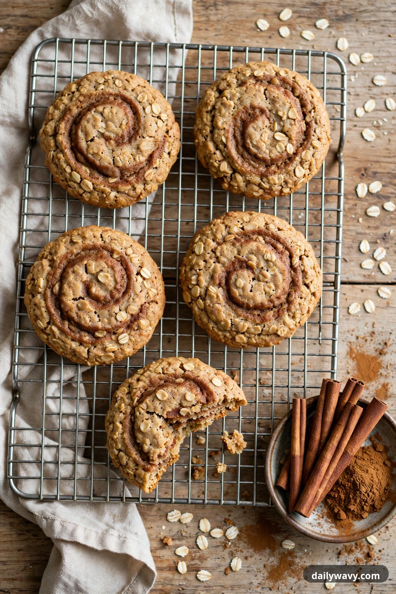 Four cinnamon-swirled oatmeal cookies sit on a wire cooling rack over a wooden table, one with a bite taken out, beside a small dish holding cinnamon sticks and ground cinnamon.