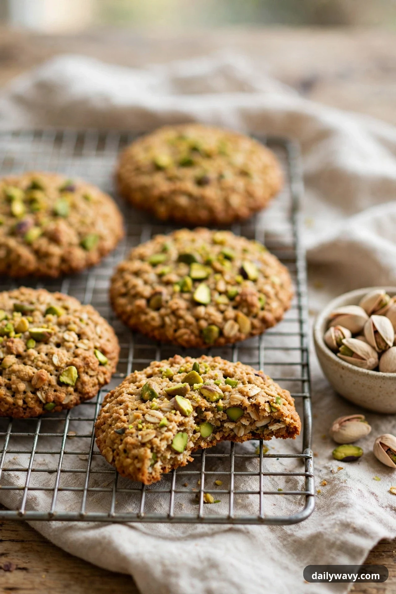 Pistachio oatmeal cookies studded with chopped green pistachios rest on a wire cooling rack over a linen cloth, with one cookie bitten and a small bowl of in-shell pistachios beside the rack.