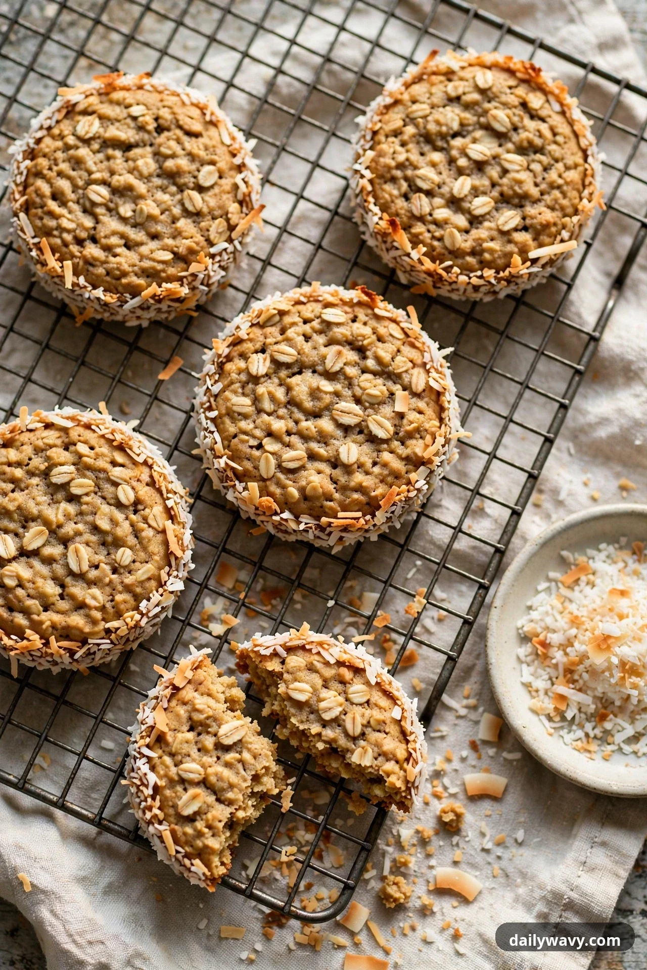 Oatmeal cookies with toasted shredded coconut coating their edges sit on a wire cooling rack, with one cookie broken in two and a small dish of shredded coconut beside the rack.