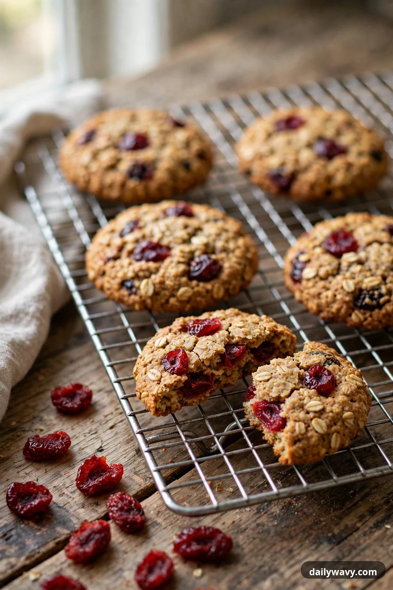 Oatmeal cookies studded with glossy dried cherries cool on a wire rack over a wooden table, with one cookie broken open and loose dried cherries scattered beside the rack.