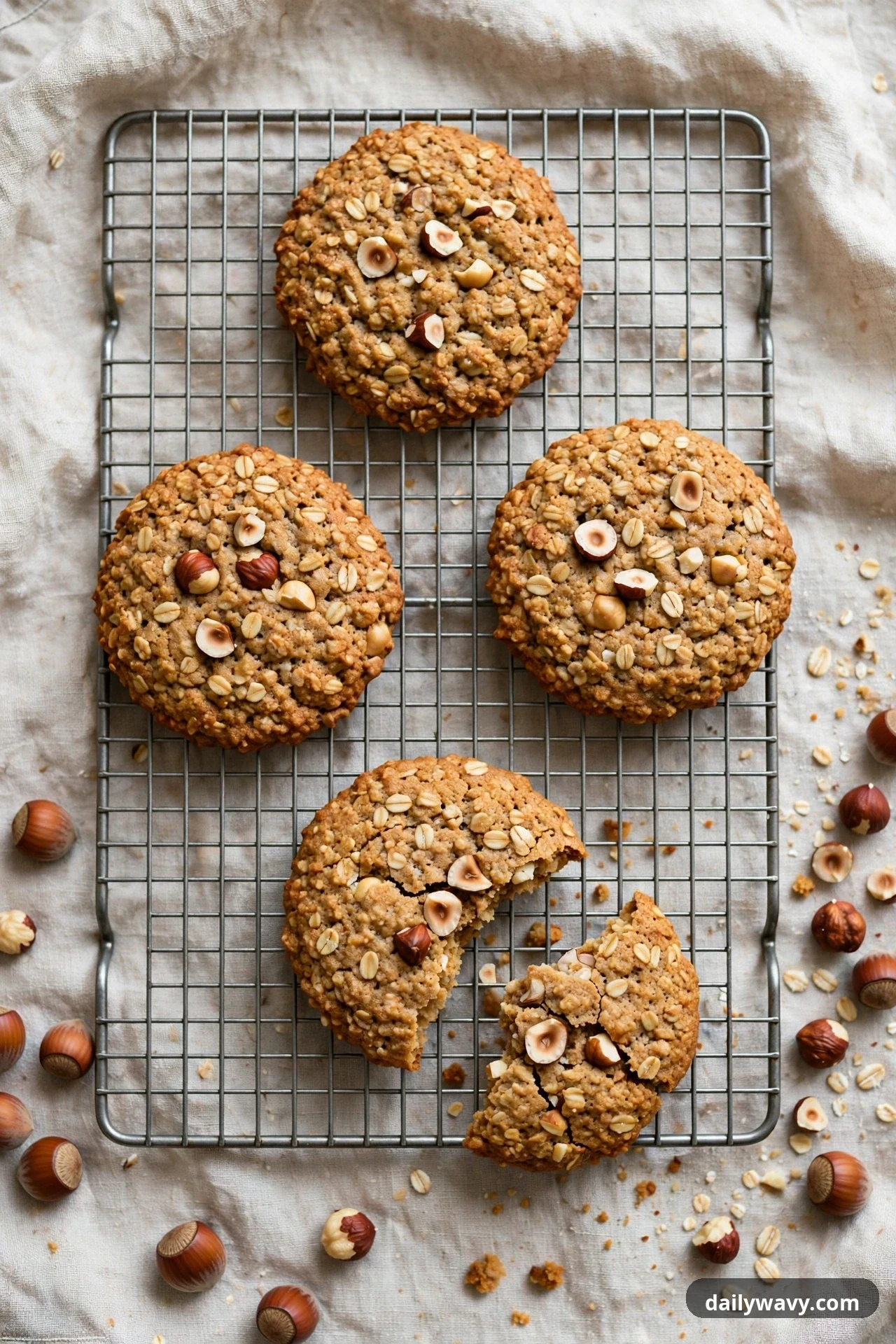 An overhead view shows hazelnut oatmeal cookies on a wire cooling rack over a linen cloth, with one cookie broken into pieces and whole hazelnuts scattered around the rack.