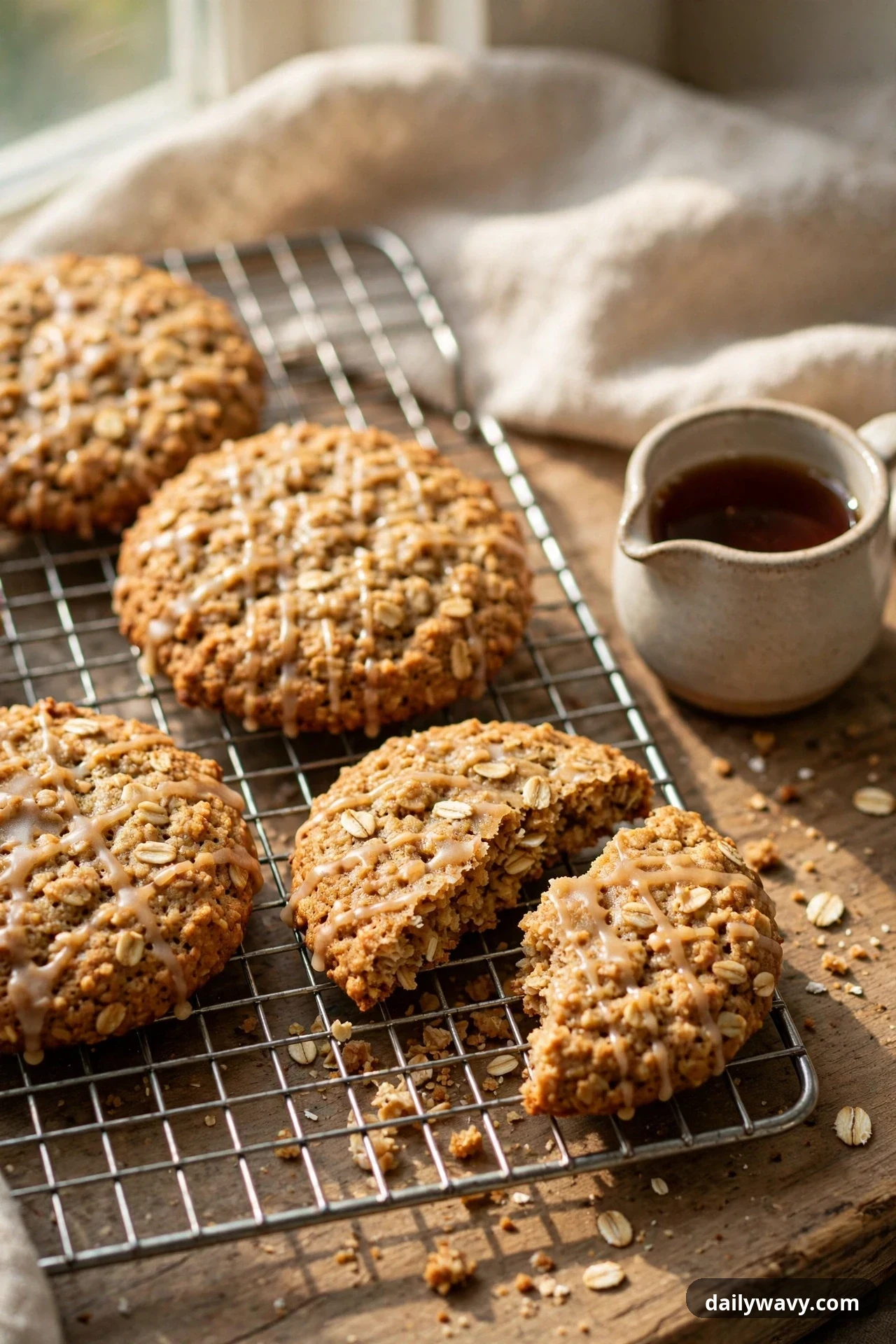 Maple-glazed oatmeal cookies with thin glaze drizzled over their tops cool on a wire rack, with one cookie broken in two and a small pitcher of maple syrup beside the rack.