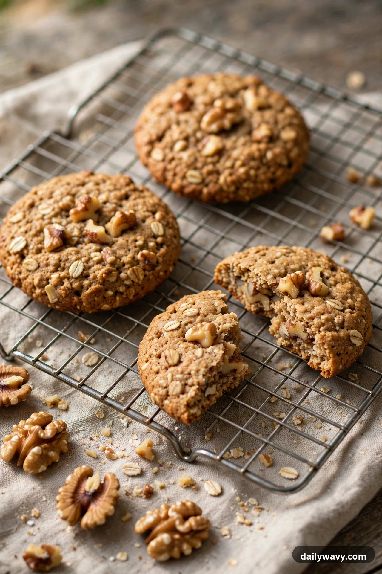 Walnut oatmeal cookies with chunky walnut pieces on top cool on a wire cooling rack over a linen cloth, with one cookie broken in two and walnut halves scattered below.