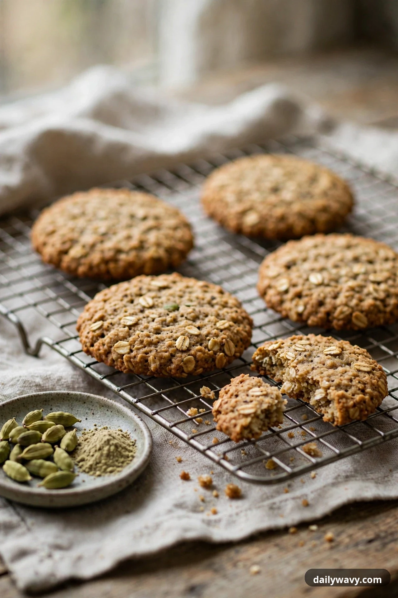 Cardamom oatmeal cookies cool on a wire cooling rack over a linen cloth, with one cookie broken into pieces and a small dish of cardamom pods and ground cardamom beside the rack.