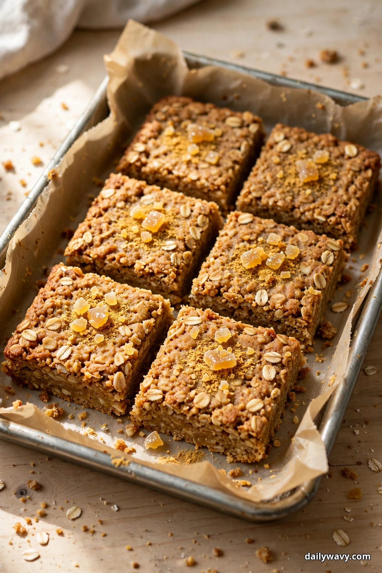 Cut oatmeal bars topped with chopped crystallized ginger sit in a parchment-lined baking pan on a wooden table, the pale ginger pieces scattered over every square
