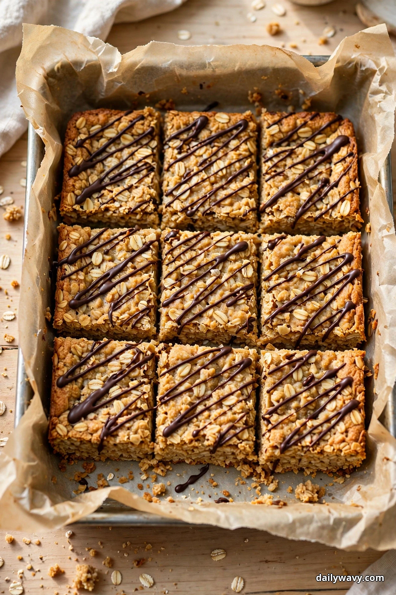 Cut oatmeal bars finished with a dark chocolate zigzag drizzle sit in a neat grid in a parchment-lined baking pan on a wooden table