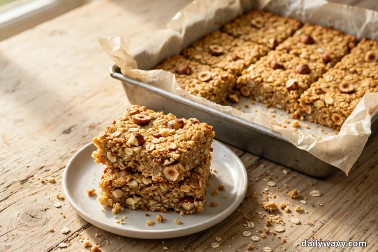 Two hazelnut oatmeal bars stacked on a small plate in front of a parchment-lined pan of cut oatmeal bars on a wooden table, with chopped hazelnuts visible through the golden oat crumb