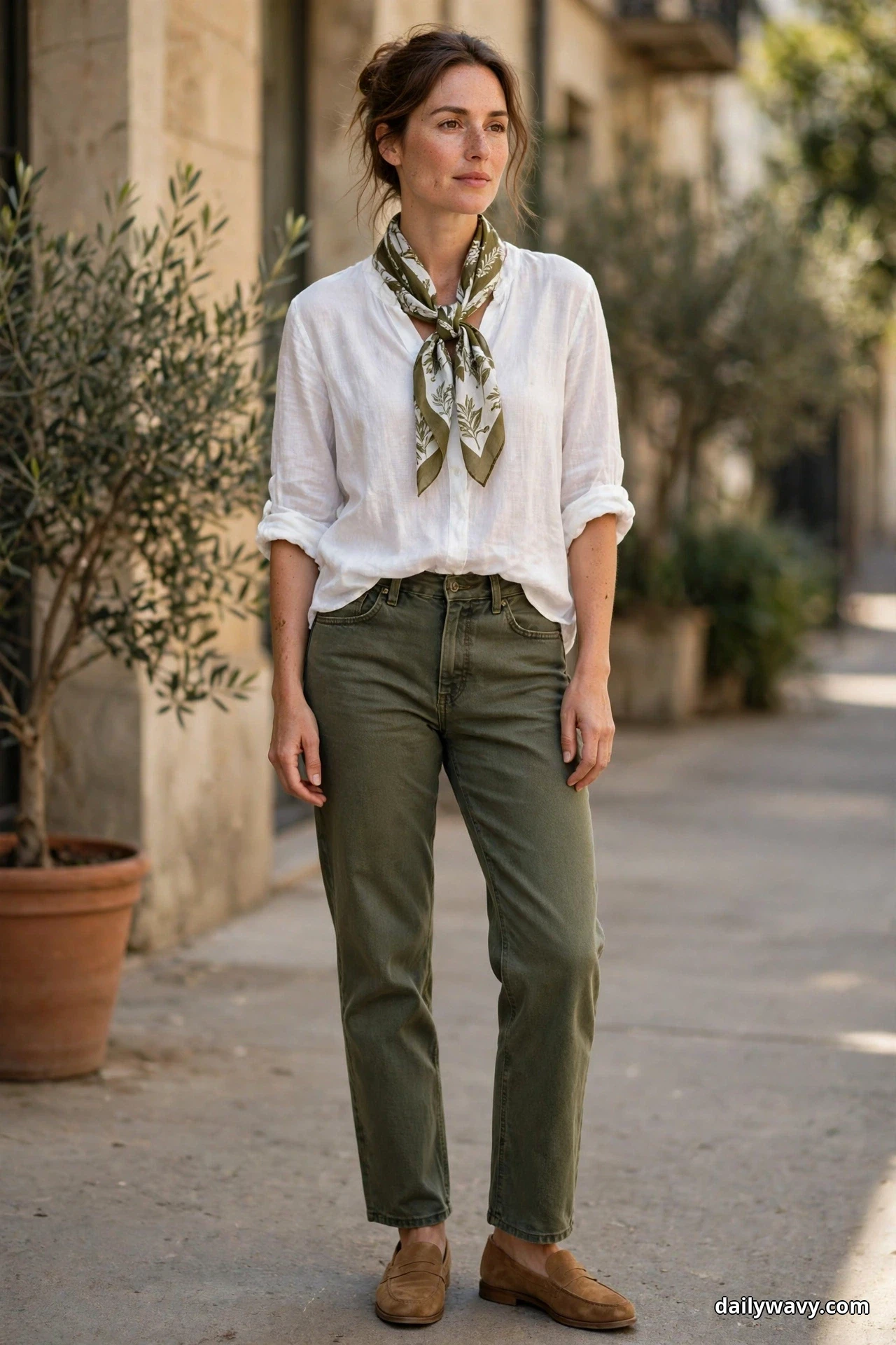 A woman wearing a white relaxed blouse, olive straight-leg jeans and an olive and white printed scarf at her neck stands full length on a street in tan suede loafers