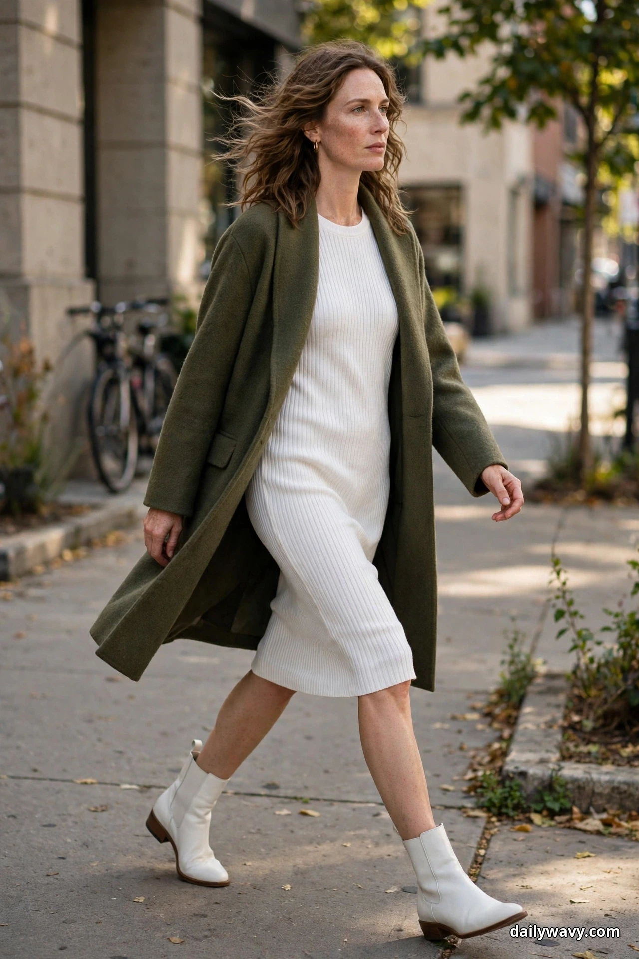 A woman wearing a white ribbed knit knee-length dress under an open olive coat walks along a city sidewalk in white ankle boots