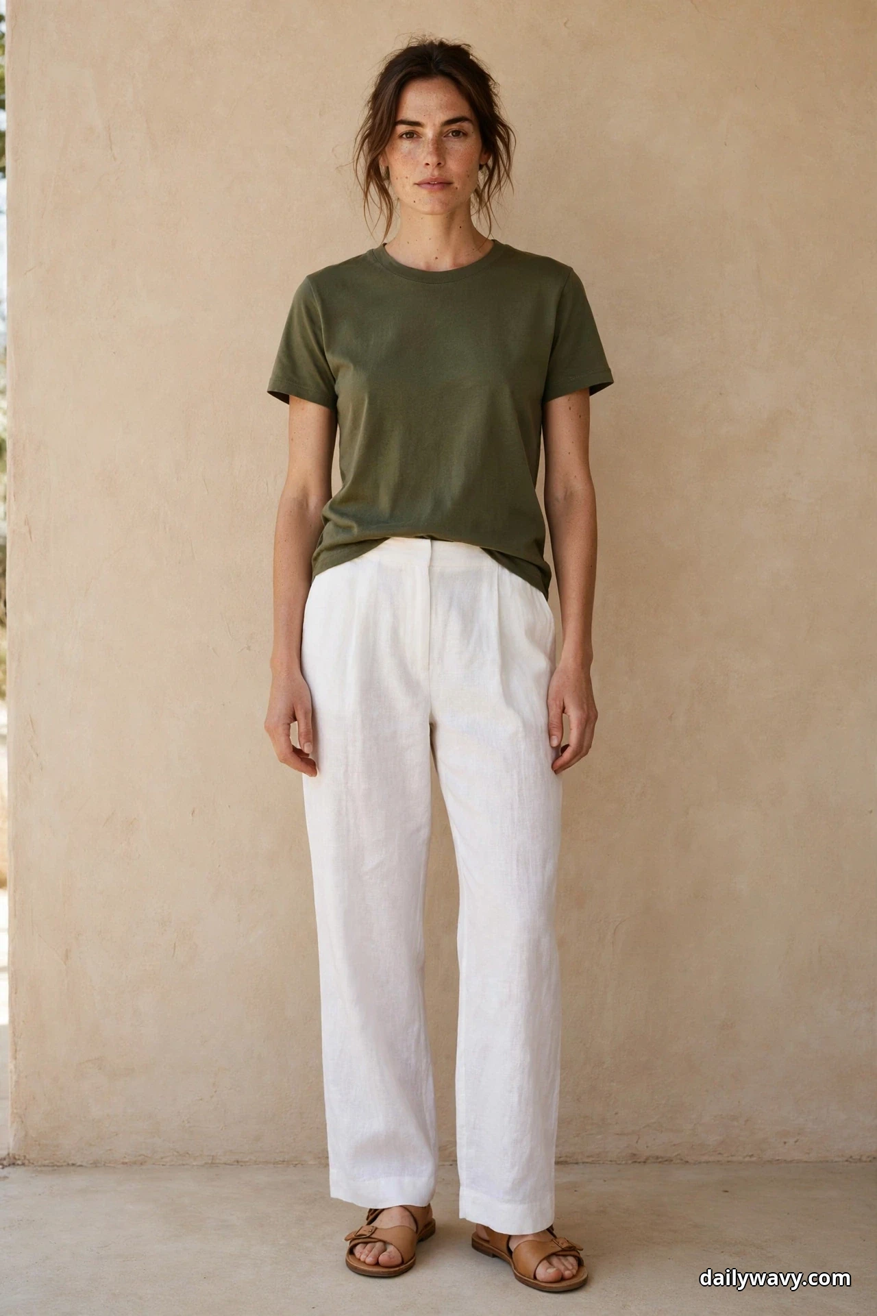 A woman wearing an olive crew-neck tee and white wide-leg linen trousers stands full length against a plain wall in tan flat sandals