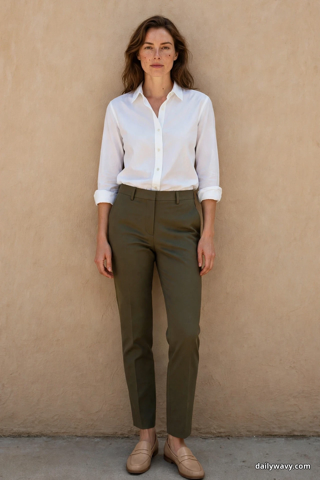A woman wearing a white cotton button-down shirt and olive tailored trousers stands full length against a plain wall in nude loafers