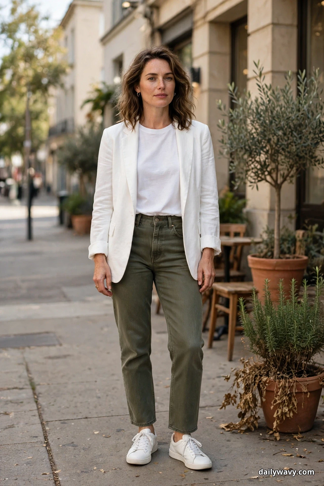 A woman wearing a white tee and olive straight-leg jeans under an open white blazer stands full length on a city sidewalk in white low sneakers