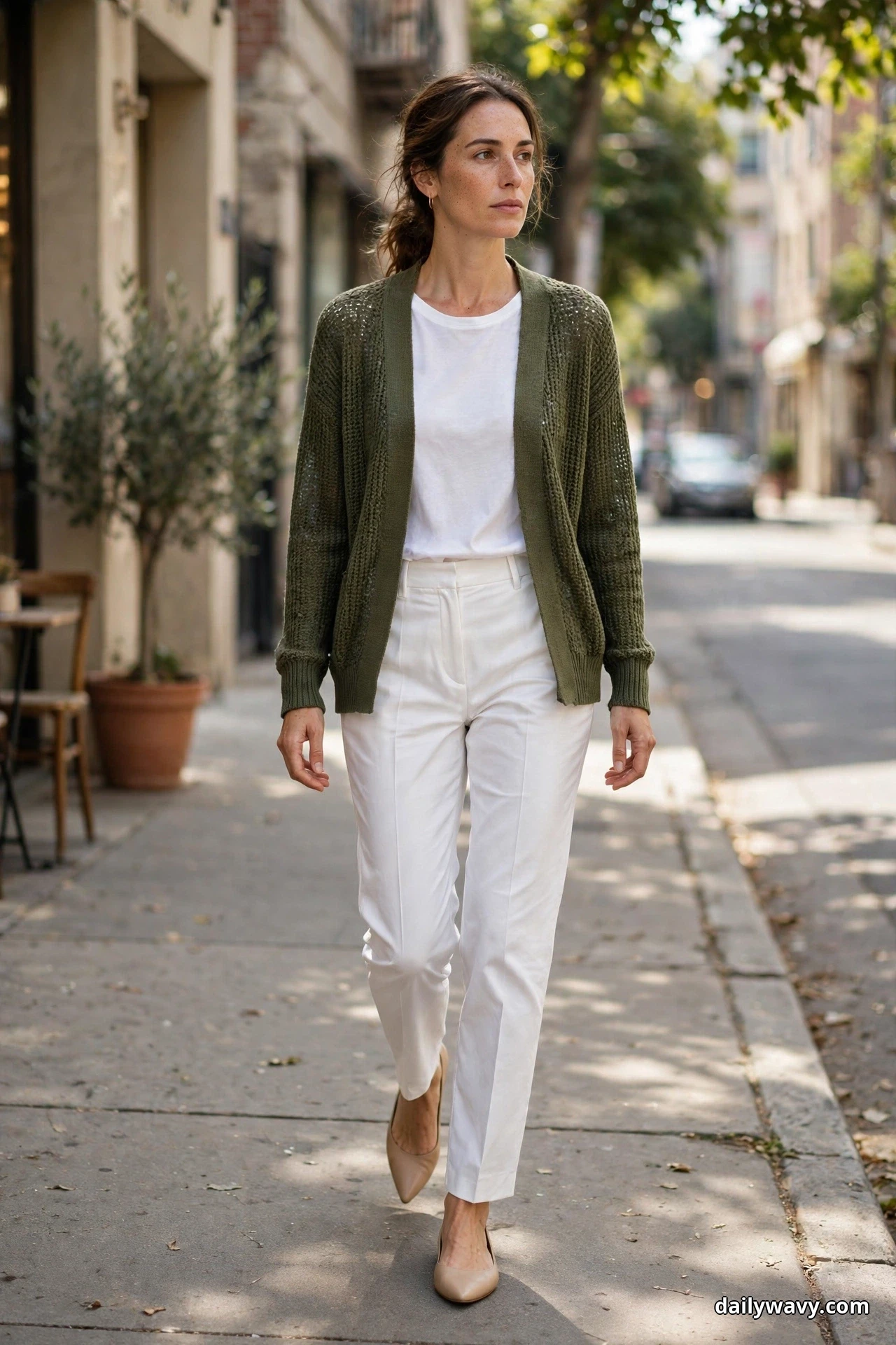A woman wearing an olive open-front cardigan over a white top with white straight-leg trousers walks along a city sidewalk in nude pointed flats