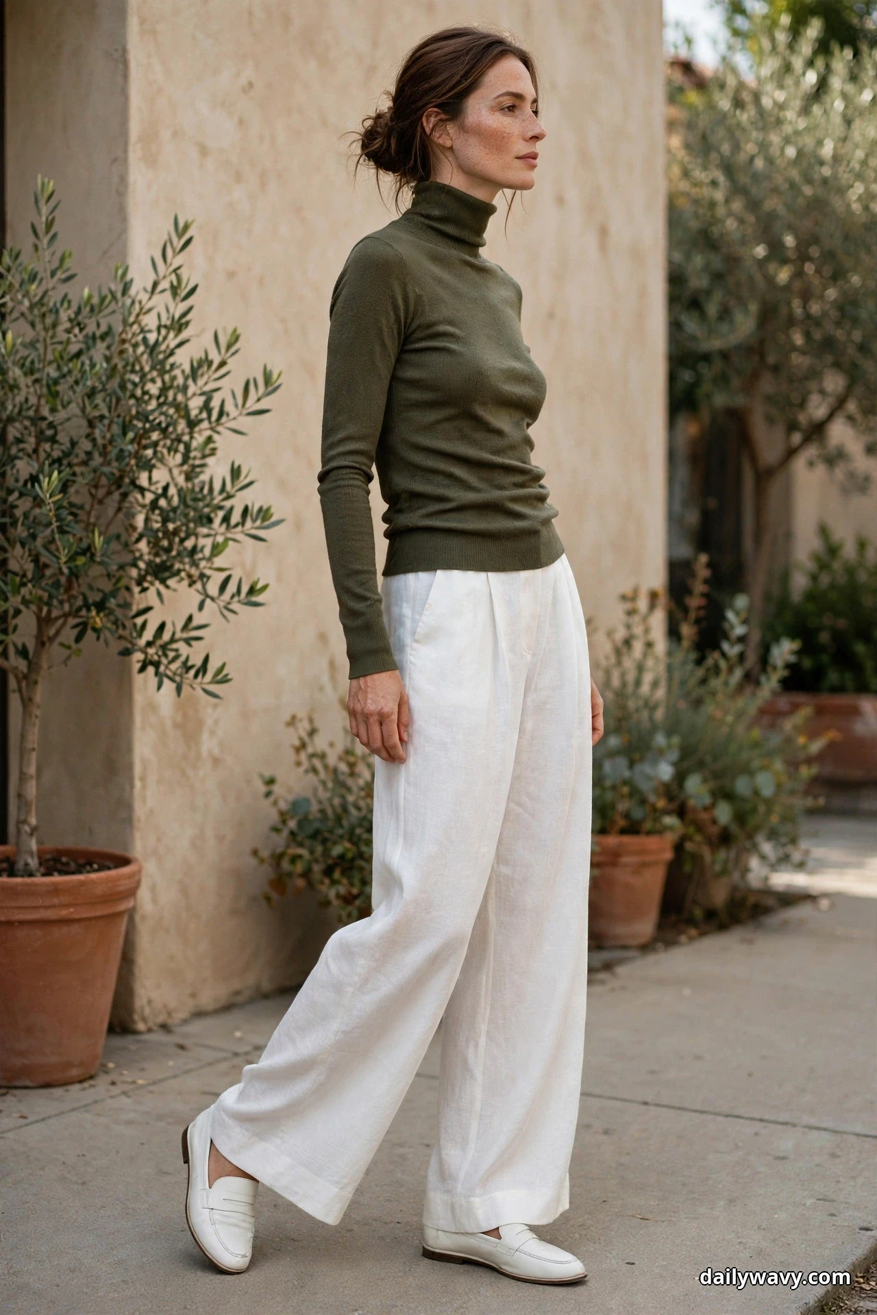 A woman wearing an olive fitted turtleneck and white wide-leg trousers walks along a sidewalk in white leather loafers
