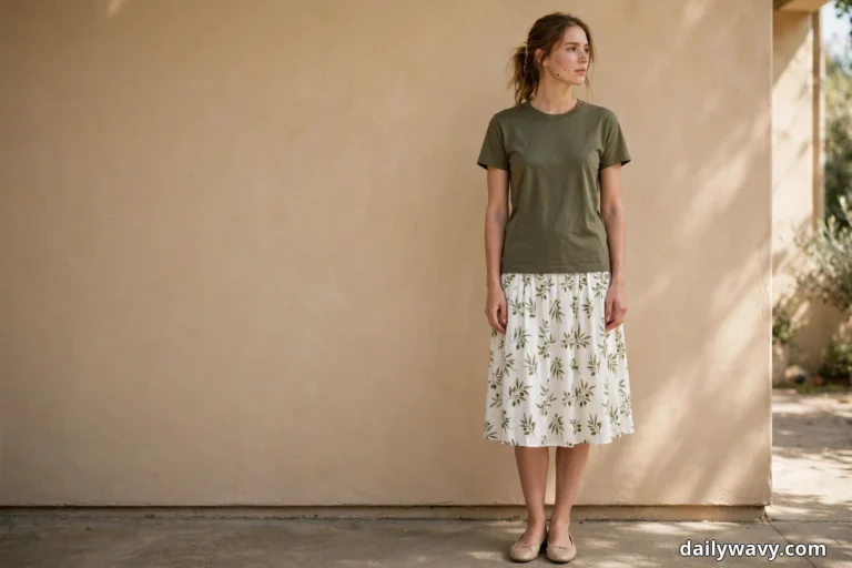 A woman wearing an olive crew-neck tee and a white midi skirt with an olive leaf print stands full length against a plain beige wall in nude ballet flats