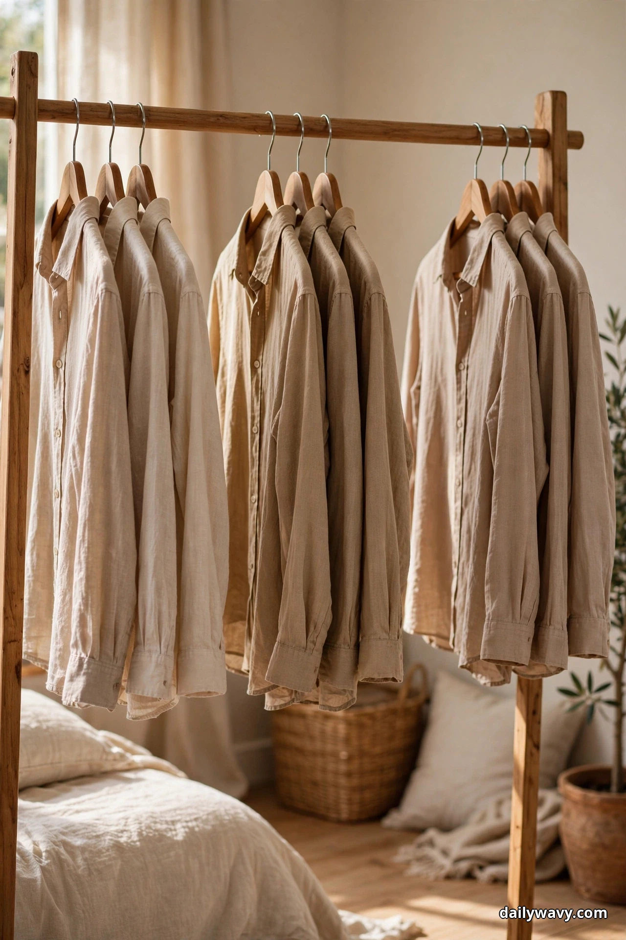 A closer view shows three evenly spaced groups of neutral linen shirts in cream, tan, and beige hanging on wooden hangers along a wooden clothing rail, with clear gaps between each group