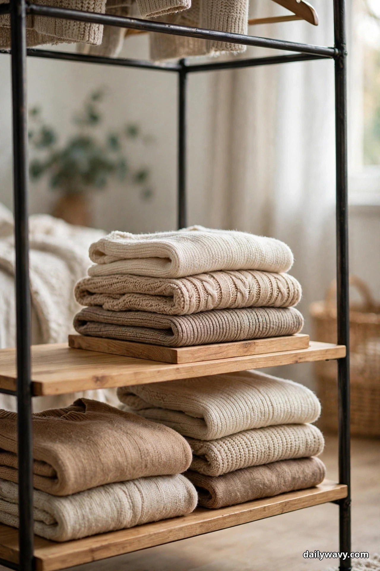 Folded knit sweaters in cream and beige stack on a raised wooden board on the upper shelf of a black metal clothing rack, with more folded knits on the shelf below, forming two visible levels