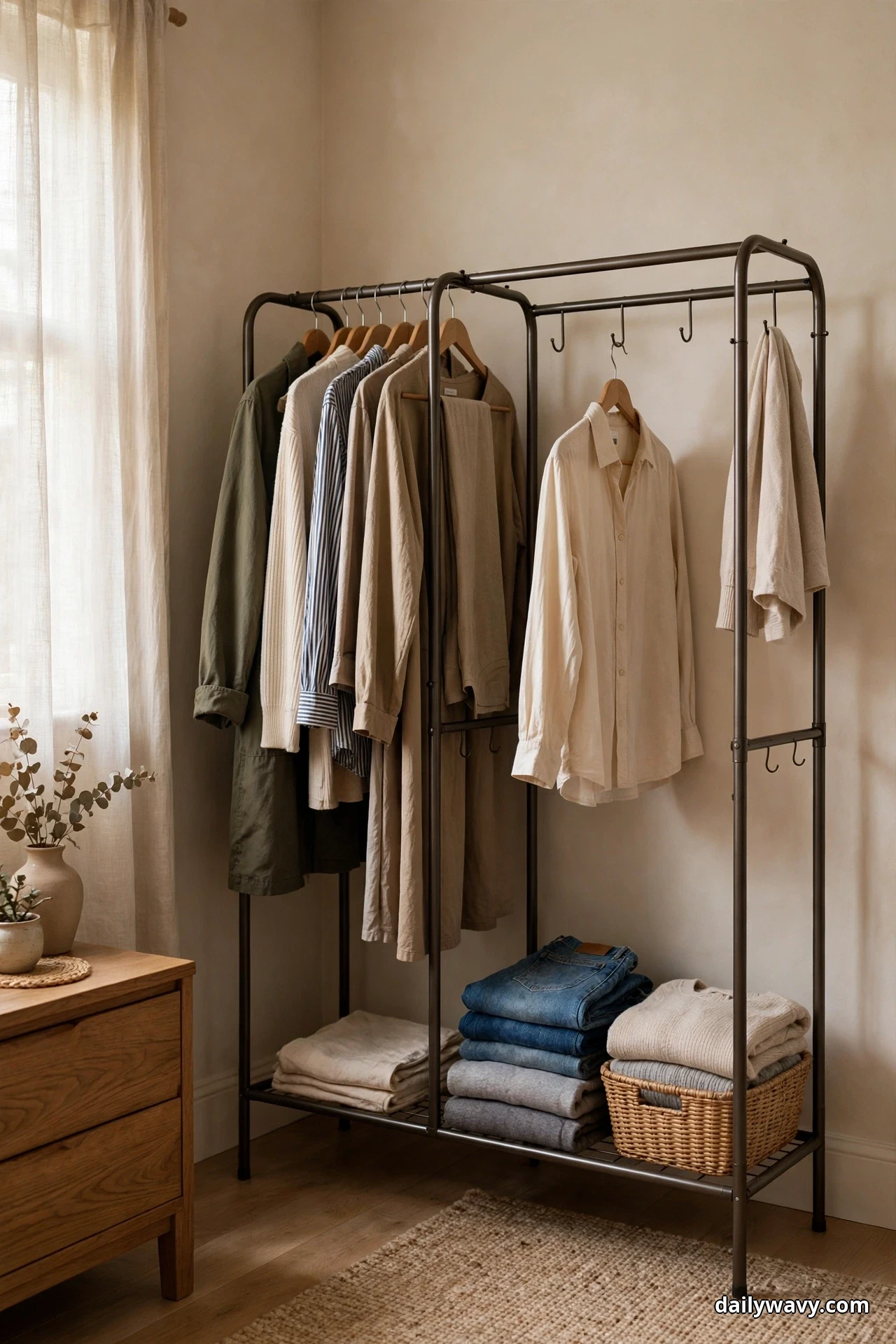 A dark metal clothing rack stands in a bedroom corner with everyday shirts hanging on the left rail, a single cream shirt and a draped top hanging apart on hooks at the right, and folded jeans with a wicker basket on the bottom shelf