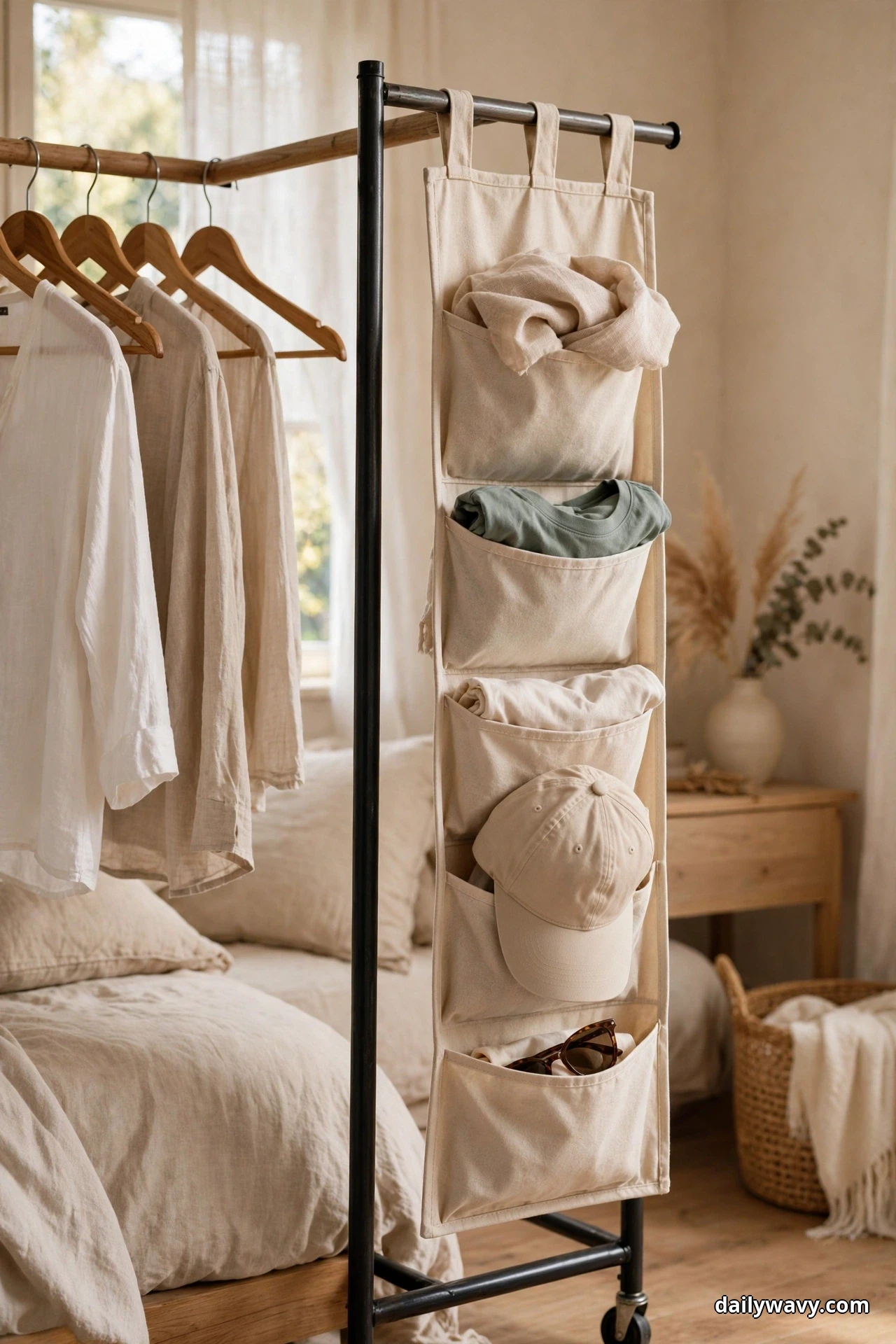A cream canvas hanging organizer with five pockets hangs from the end of a clothing rack rail, its pockets holding light items including folded linen, a rolled tee, a beige cap, and sunglasses