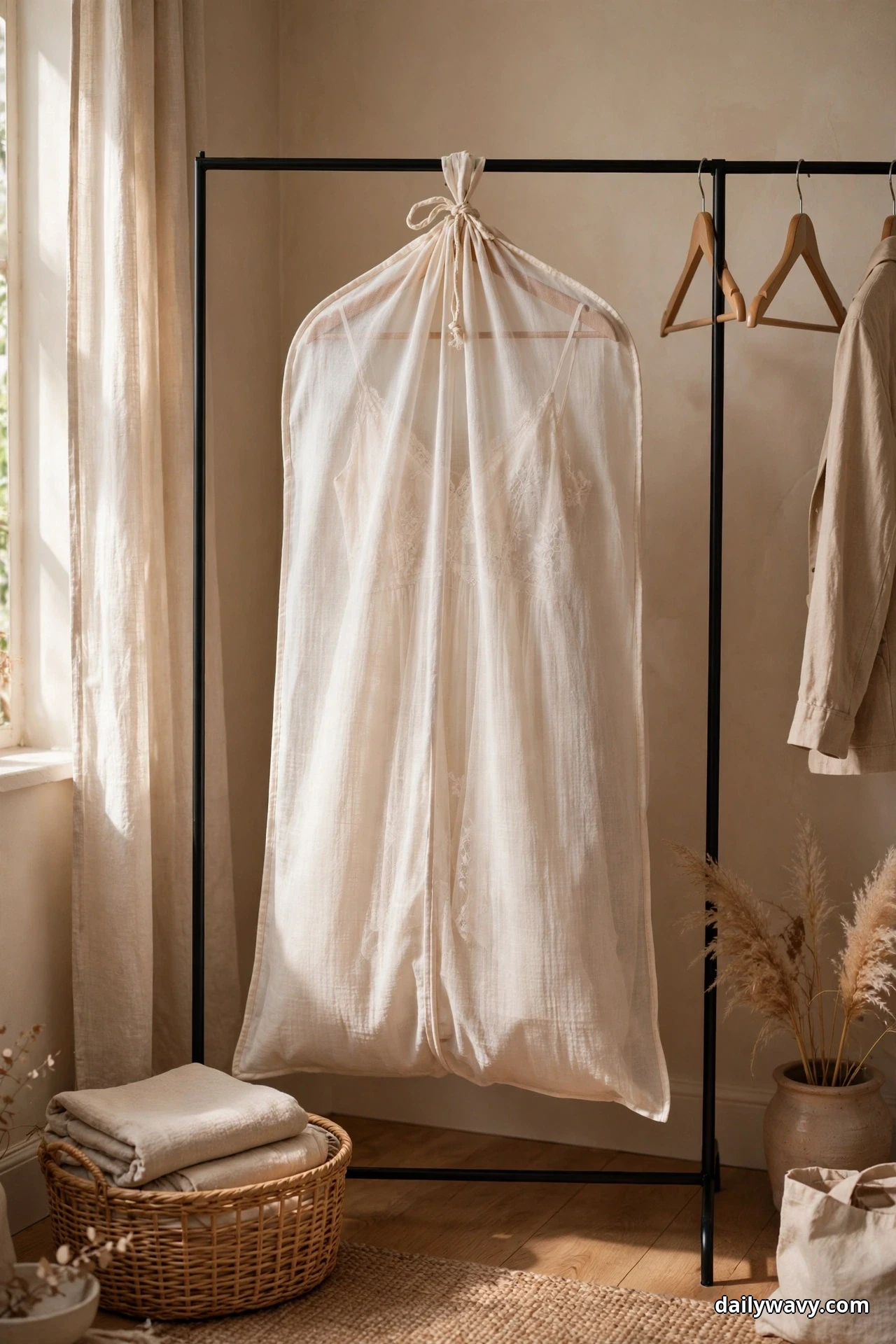 A sheer cream cotton garment bag tied at the top hangs on a black clothing rack, with a lace dress visible through the fabric and empty wooden hangers beside it