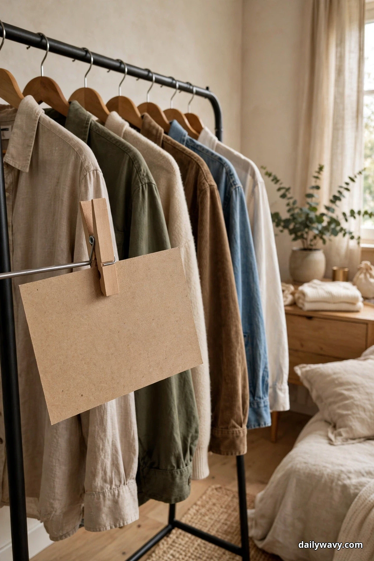 A blank kraft inventory card clipped with a wooden clothespin to the front bar of a black clothing rack hangs in front of a row of shirts in beige, olive, cream, brown, and denim