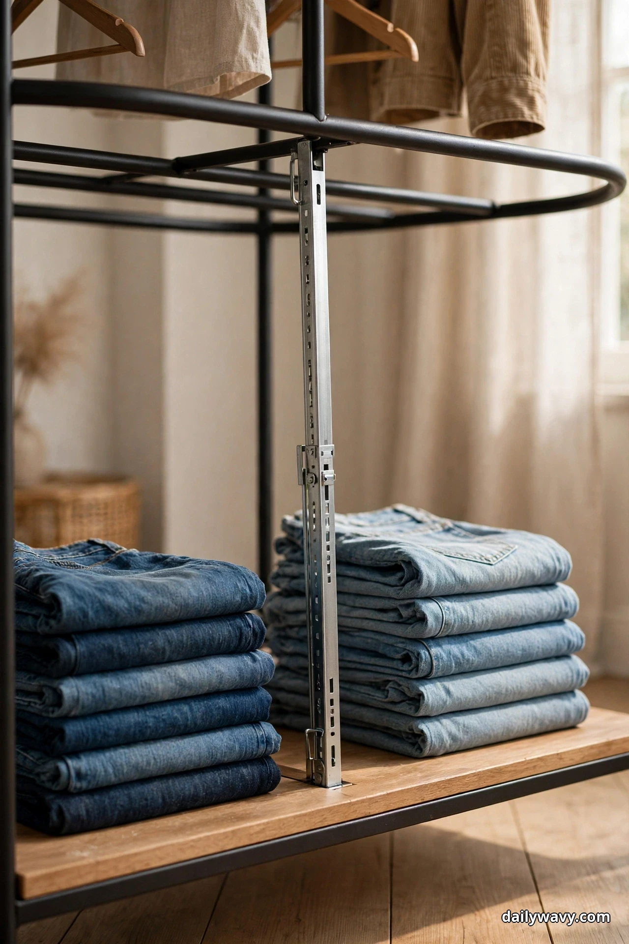 A close view shows a silver adjustable metal divider standing upright on a wooden rack shelf between two stacks of folded jeans, dark blue on the left and light blue on the right