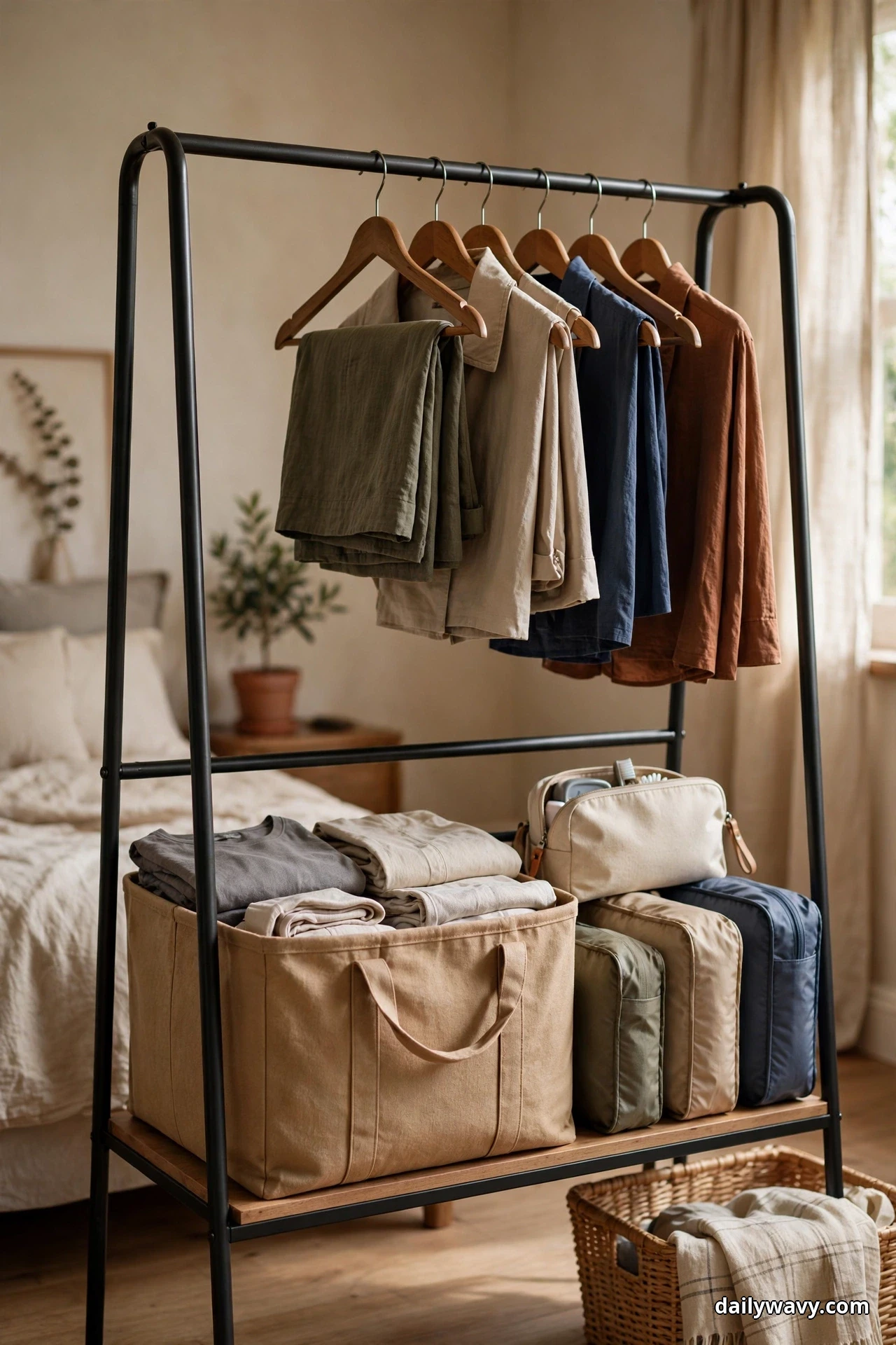 A black clothing rack holds shirts on wooden hangers above a lower shelf where a canvas bin of folded clothes sits beside packing cubes in olive, beige, and navy and a cream toiletry pouch