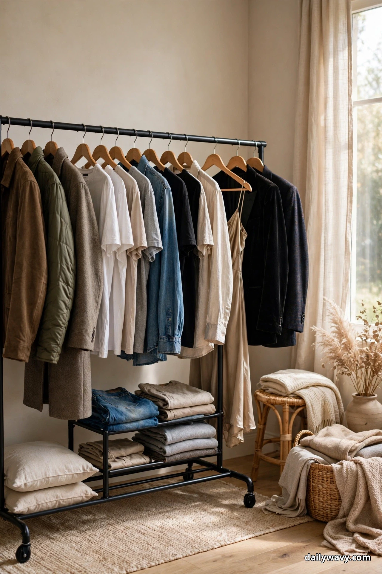 A black rolling clothing rack holds clothes grouped along its rail, with jackets at the left, tees and shirts in the center, and dark blazers and a slip dress at the right, above folded jeans and trousers on two lower shelves
