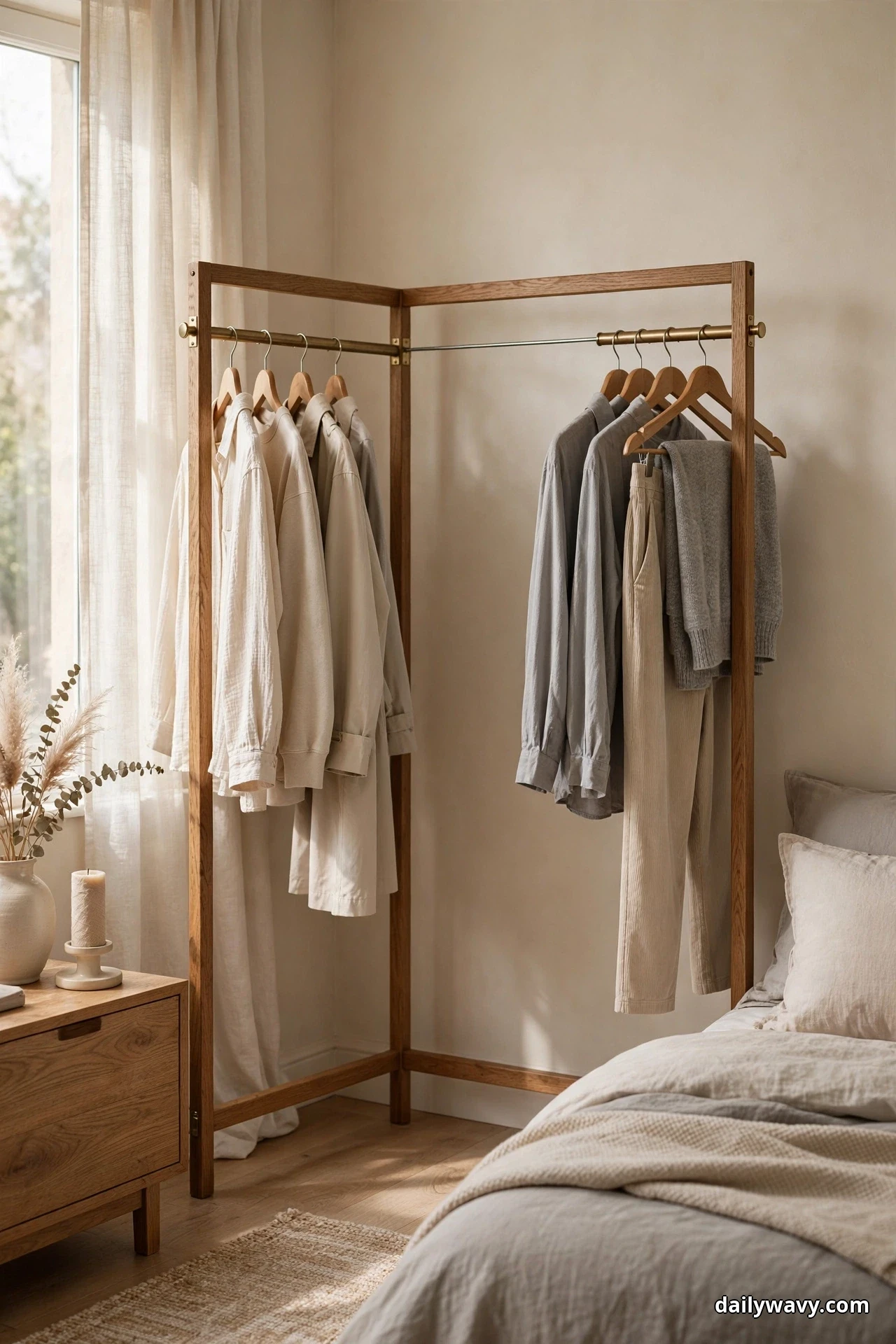 A wooden corner clothing rack holds cream shirts on its left rail and gray shirts, beige trousers, and a gray knit on its right rail, with a wide stretch of bare rail left empty between the groups