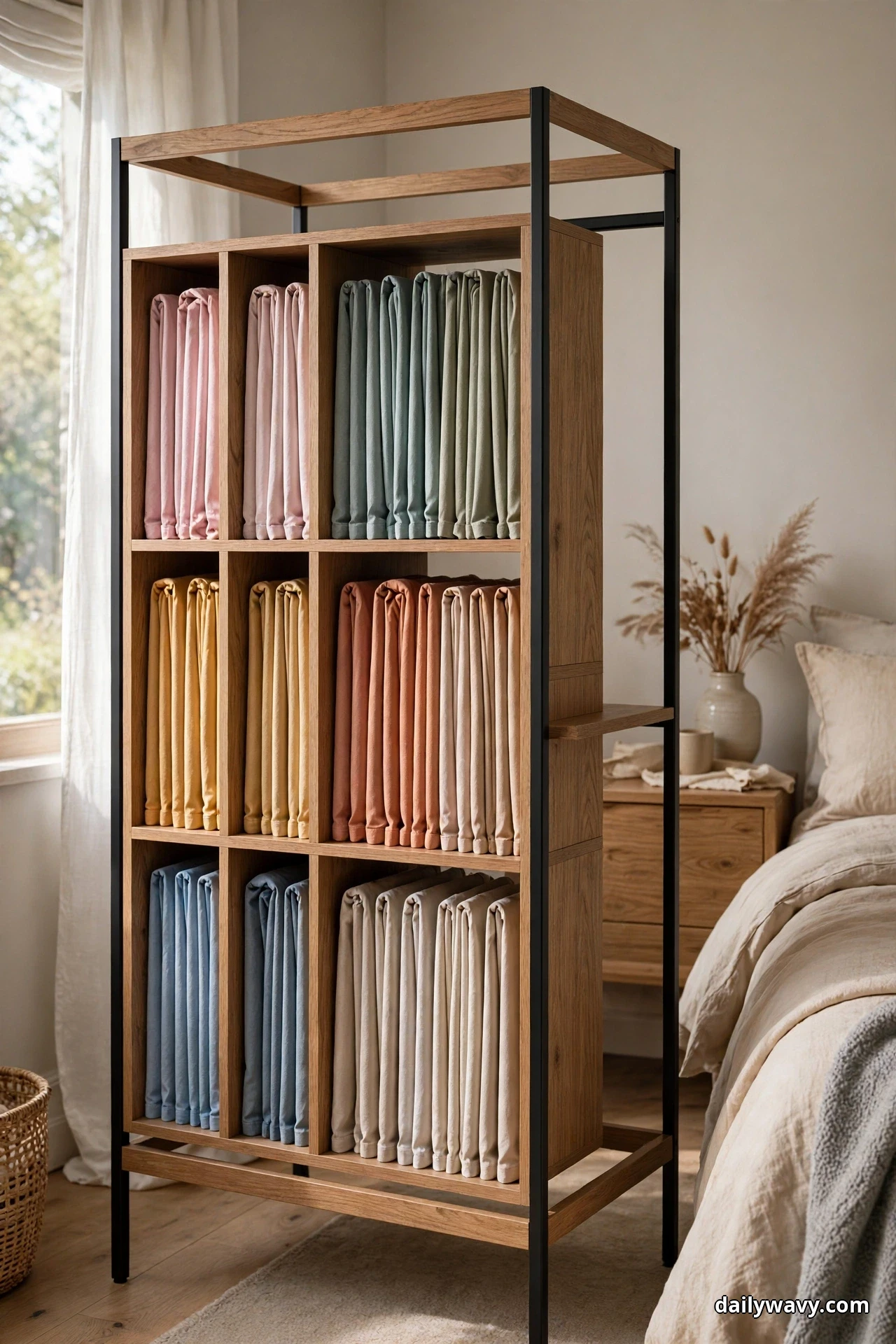 A tall wooden cubby unit with vertical dividers holds file-folded garments standing upright in rows sorted by color, in pink, sage, mustard, rust, blue, and cream