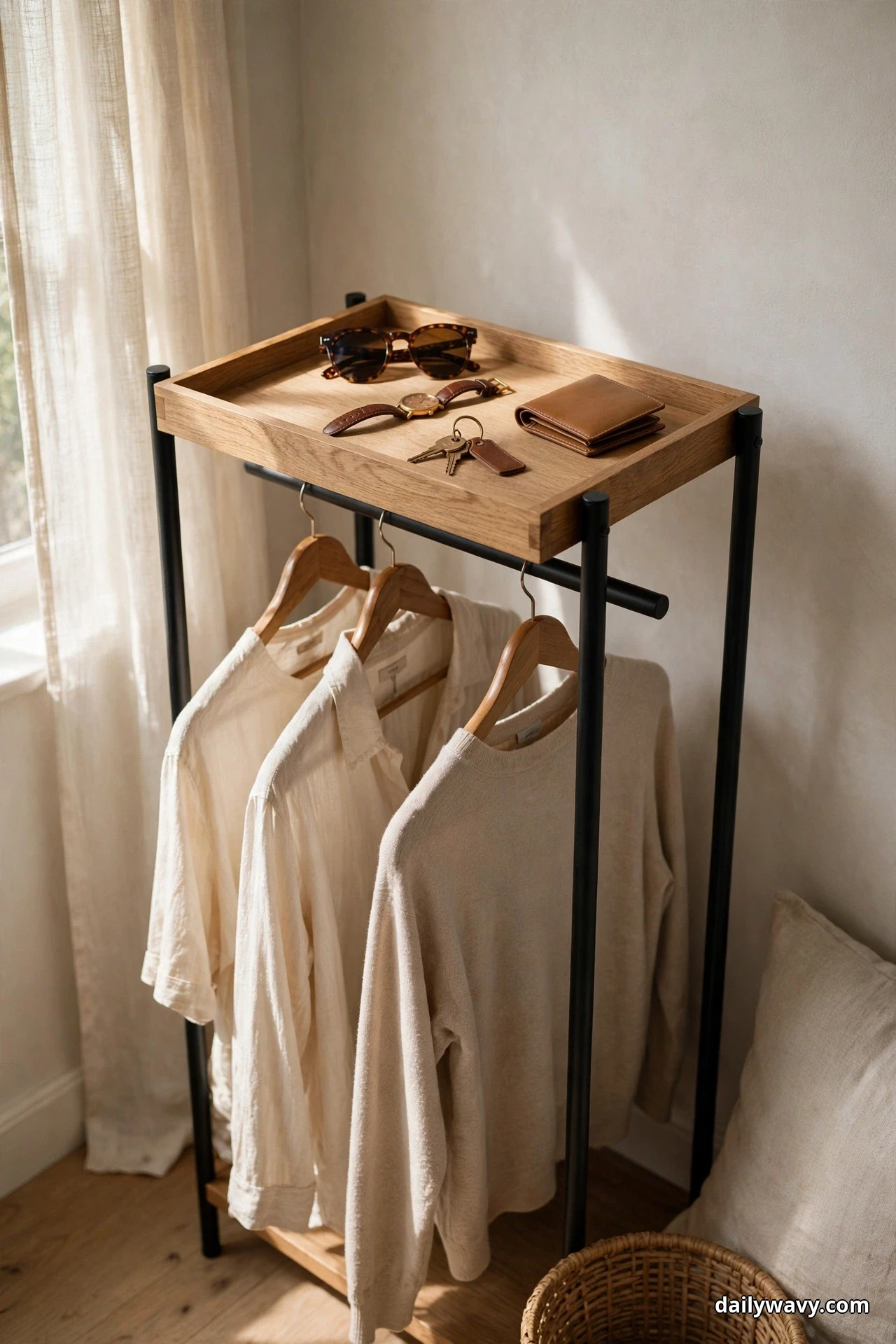 A shallow wooden tray rests on top of a black clothing rack holding sunglasses, a leather-strap watch, keys, and a tan leather wallet, with cream shirts hanging below