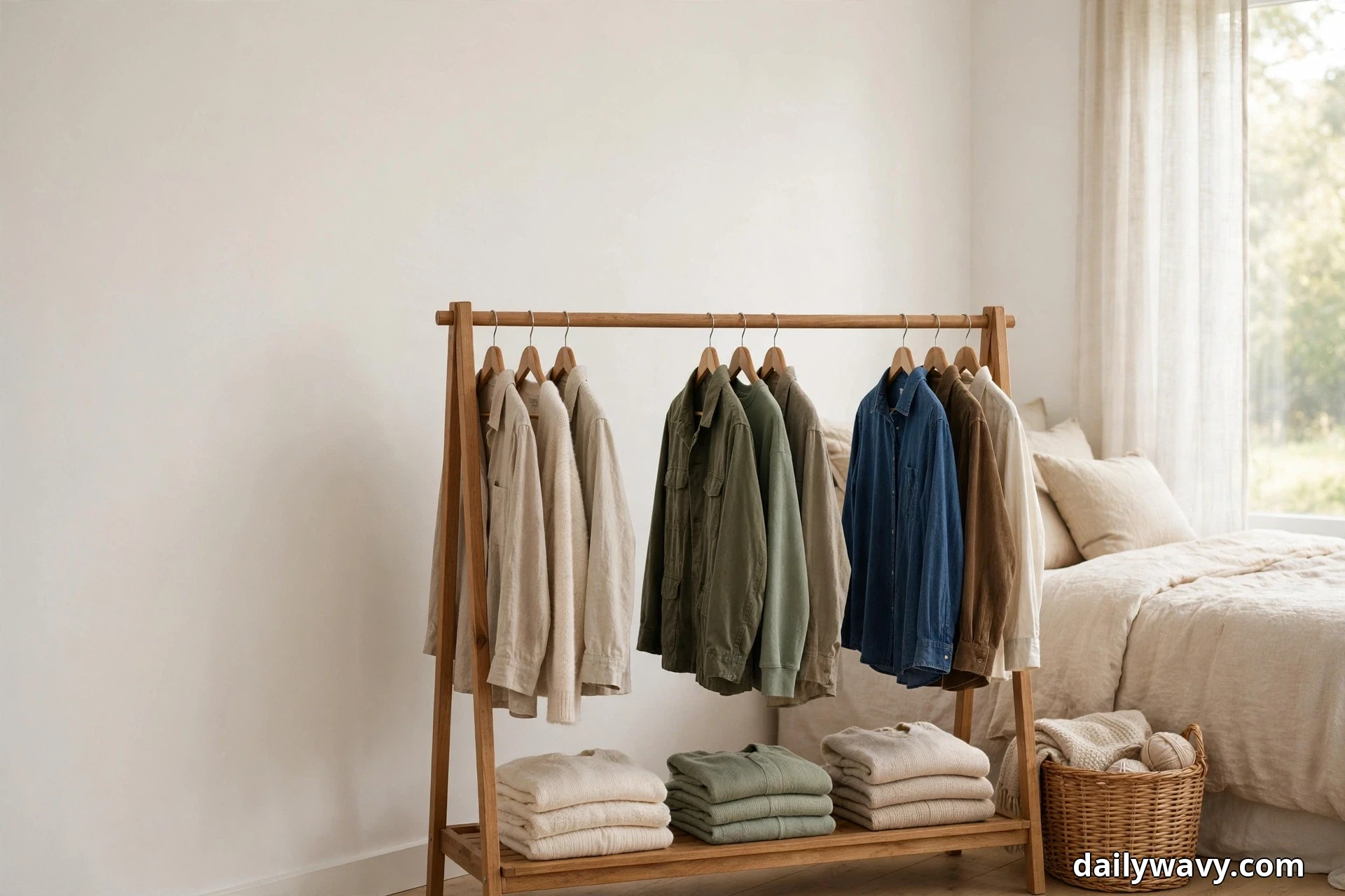 A wide view shows a wooden A-frame clothing rack in a bright bedroom beside a bed with cream linen bedding, its rail holding three spaced groups of shirts and jackets in cream, olive, and blue above folded knit stacks on the lower shelf