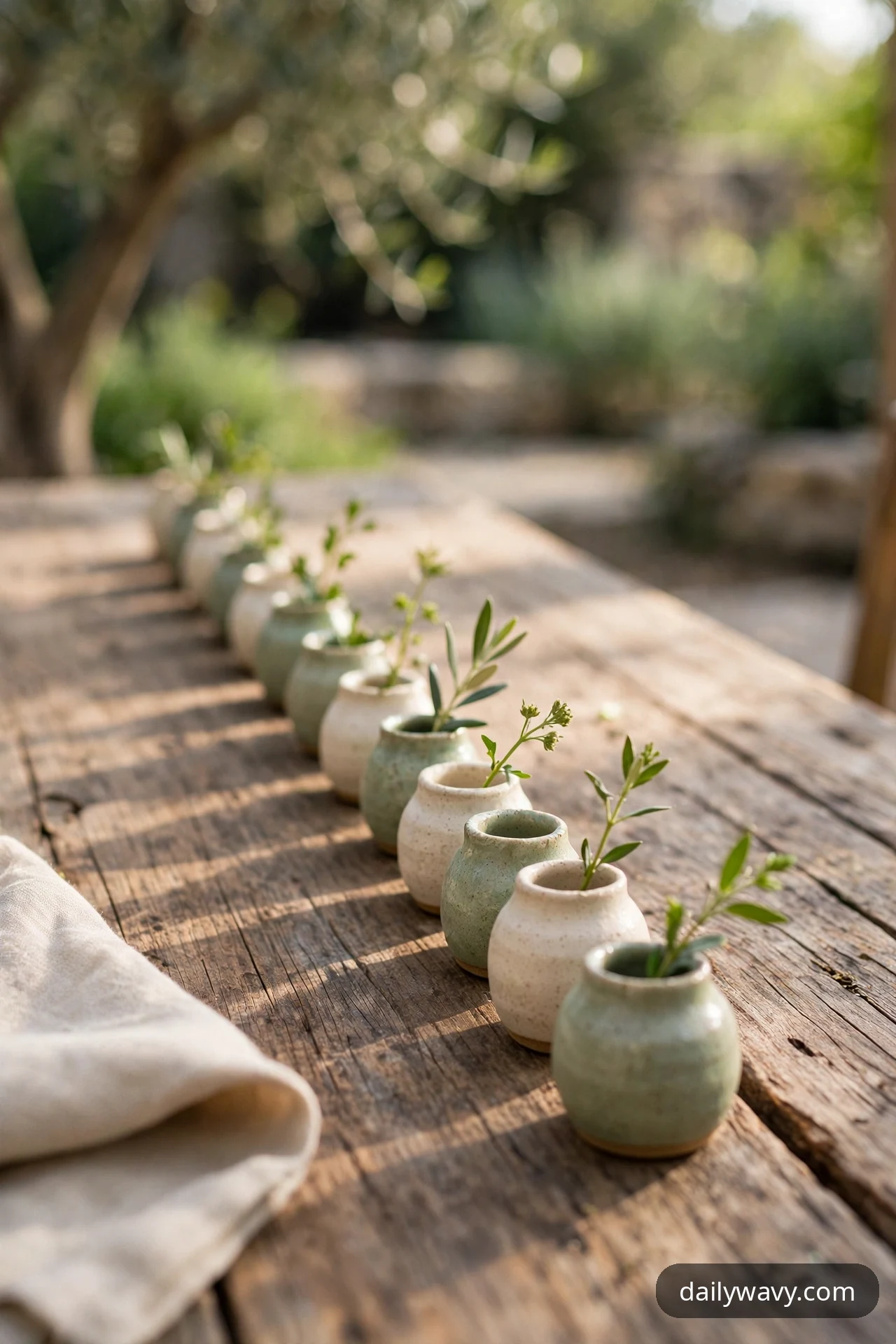 A row of small cream and sage ceramic bud vases, each holding a single green stem, runs down the center of a rustic wooden outdoor table.