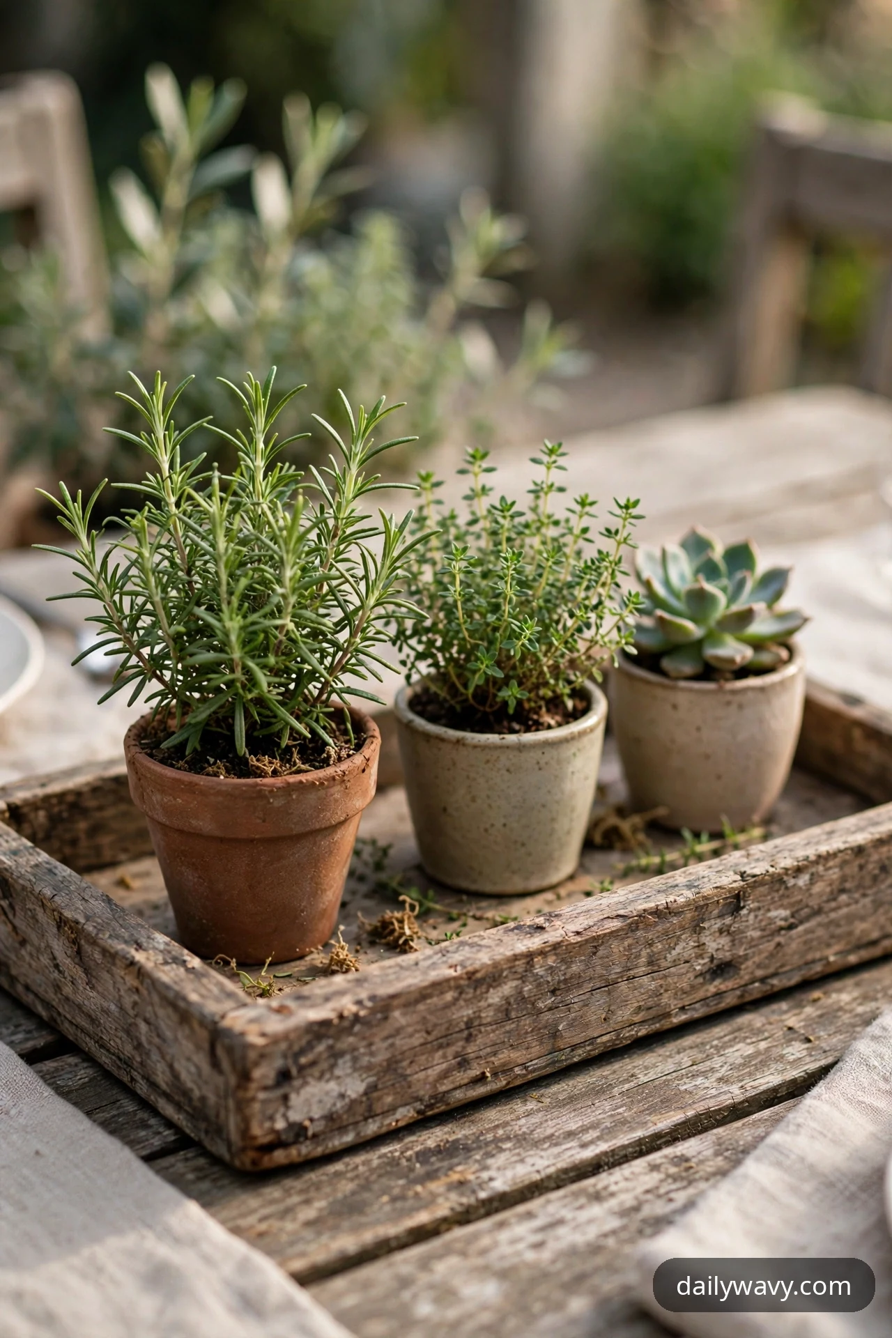 A rustic wooden tray holds three small potted plants on an outdoor table: rosemary in a terracotta pot, plus thyme and a succulent in speckled ceramic pots.