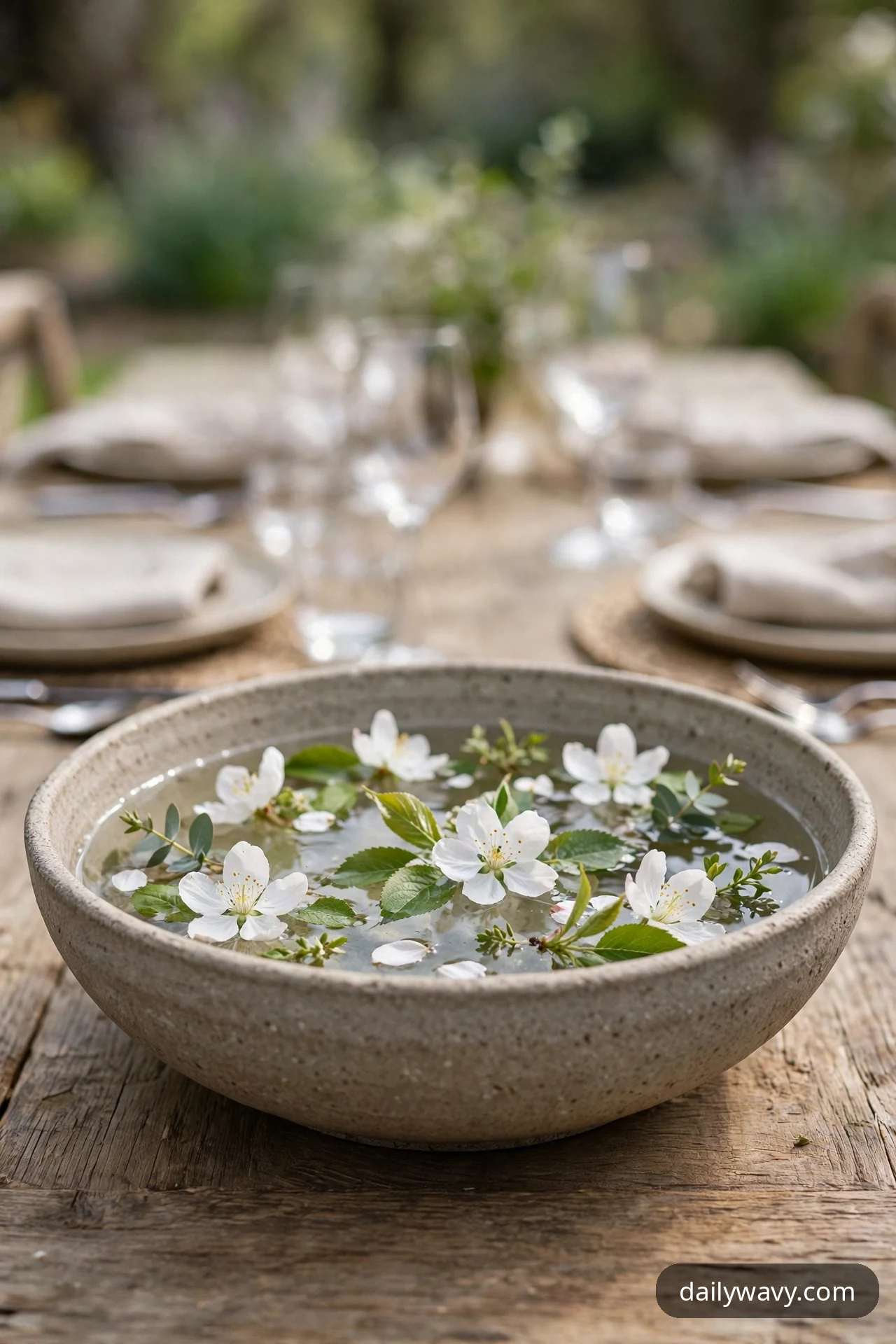 A wide shallow stoneware bowl filled with water and floating white blossoms and green leaves sits at the center of a set outdoor table.